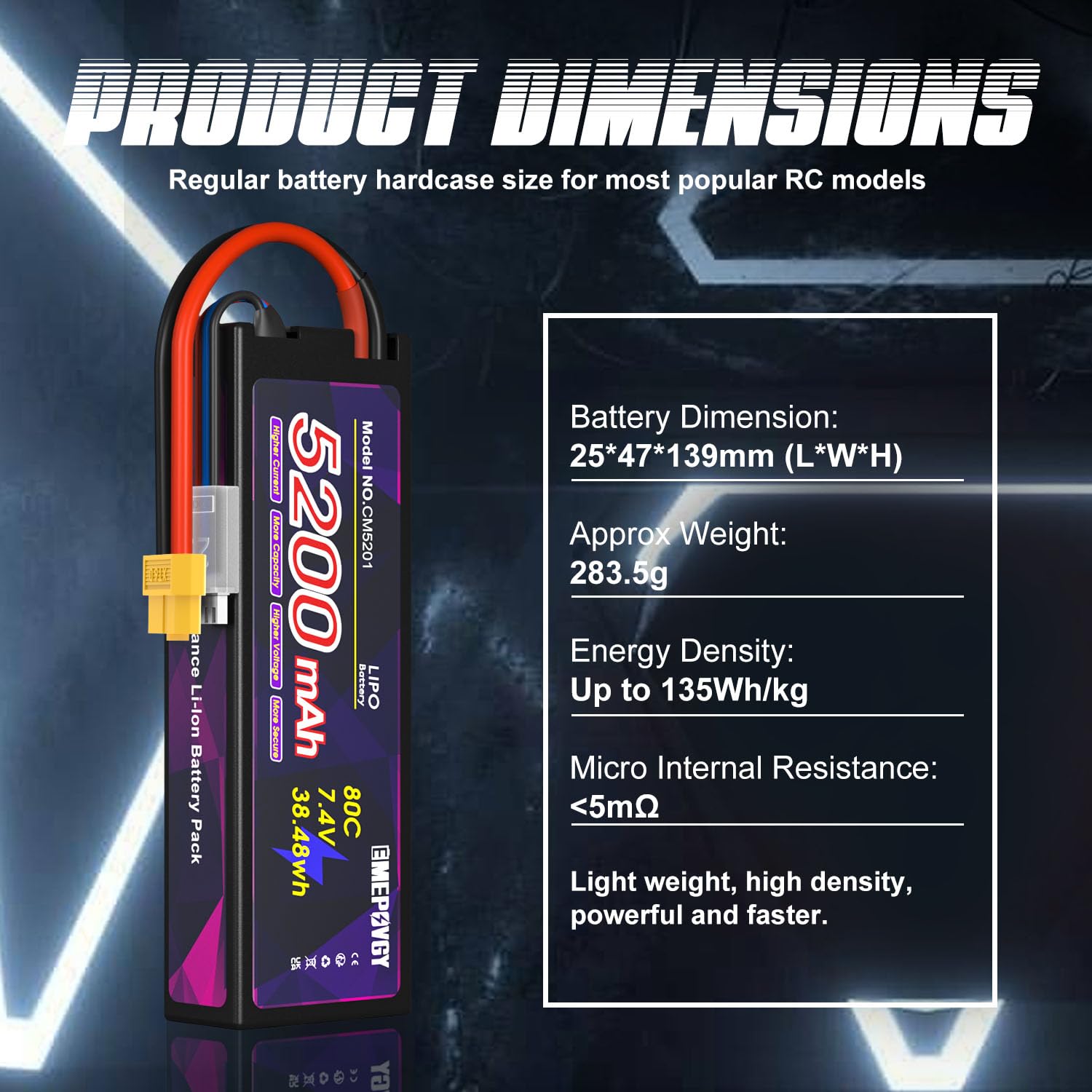 Batteria Lipo da 7,4 V 2S 5200 mAh 80C Lipos custodia rigida con connettore XT60 per auto RC camion 1/8 1/10 RC veicoli (2 confezioni)