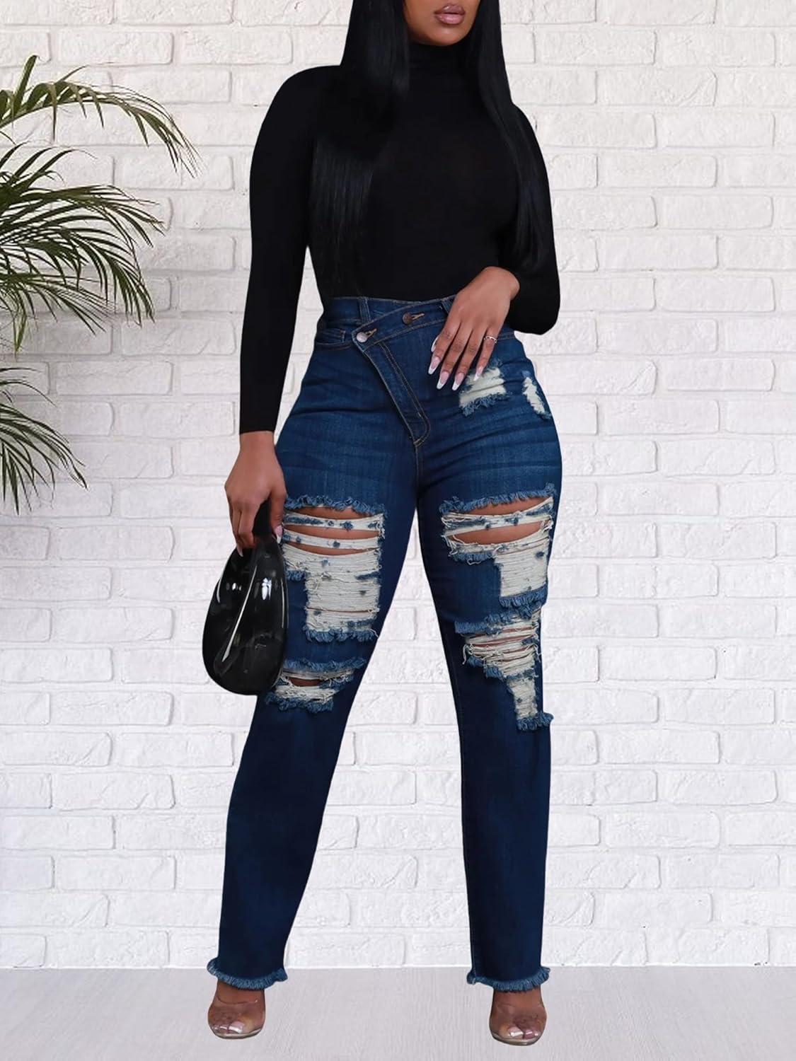 HugeNice Women's Wide Leg Jeans Casual Mid Rise Stretchy Straight Leg Denim Pants - Image 5