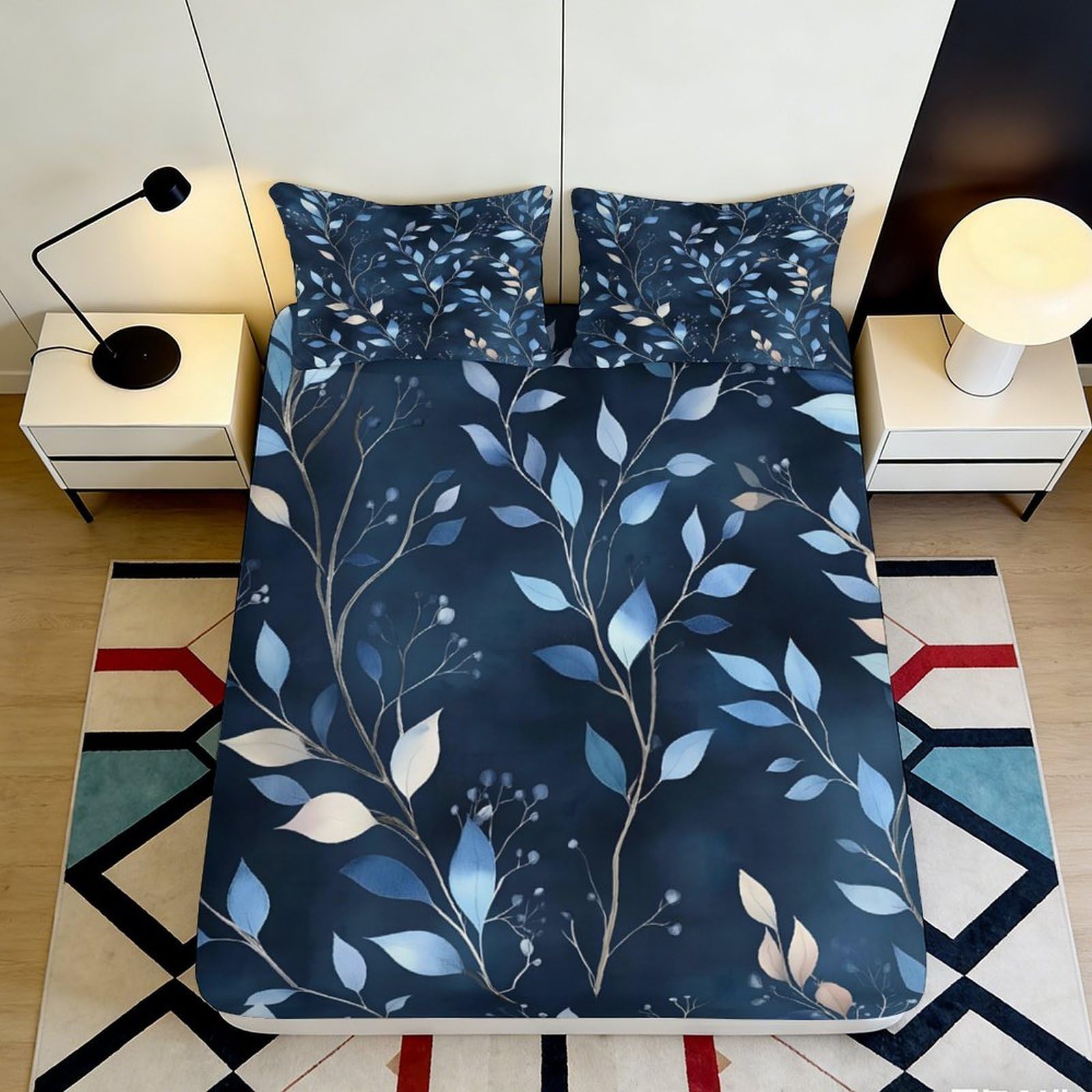 3D Printed botanical Fitted Sheet, dark blue leaf pattern, Microfiber soft touch, wrinkle resistant, guest room bedding, easy care, mattress cover decor 90x200x25cm