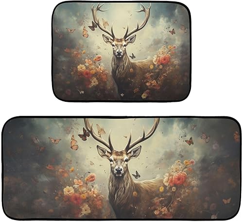 ZENWAWA Fantasy Deer Painting Kitchen Mat 2 Pcs Set, Low Pile Kitchen Rugs Cushioned Water Absorbent Washable Floor Mats for Kitchen Sink Laundry