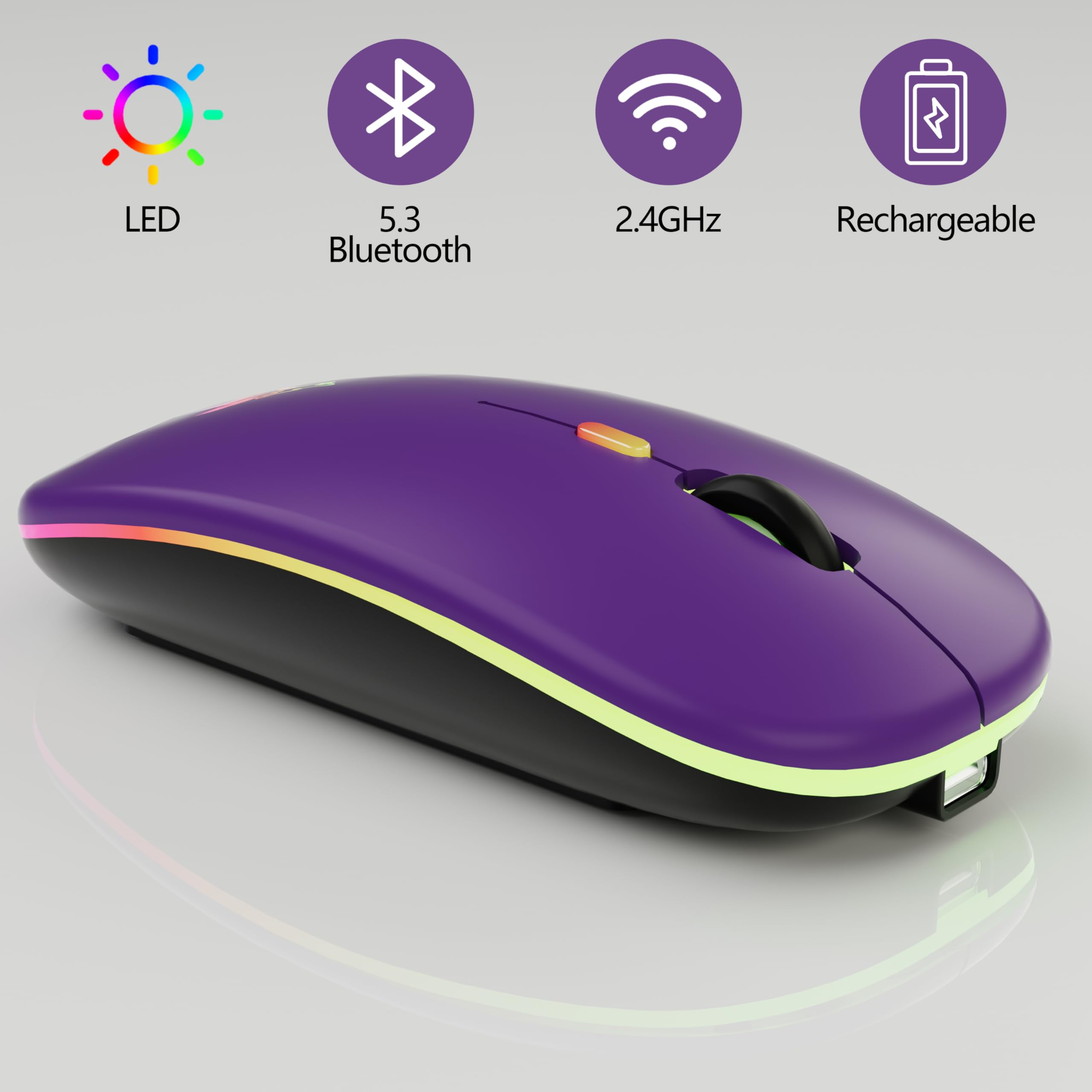 TQQ Mouse wireless ricaricabile, mouse retroilluminato a 7 colori con mini ricevitore USB da 2,4 GHz, mouse gaming, compatibile con laptop, PC, computer, Chromebook, Notebook e iPad Etc