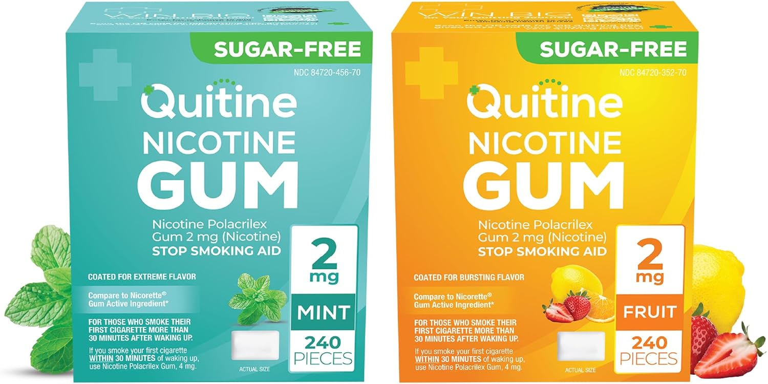 Quitine Nicotine Gum 2mg (Mint & Fruit) Bundle, Stop Smoking Aid – Affordable NRT to Relieve Cravings, 480 Count, Traditional Gum to Support Your Quit Journey