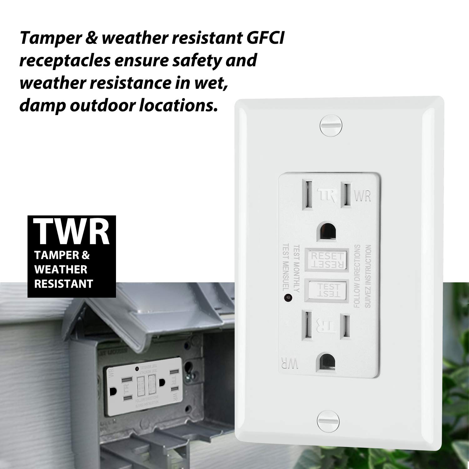 Flash Deals - 70% OFF 10 Pack - ELECTECK Weather Resistant GFCI Outlet, Outdoor Ground Fault Circuit Interrupter with LED Indicator, 15-Amp Tamper Resistant Receptacle, Decorator Wall Plate Included, ETL Certified, White