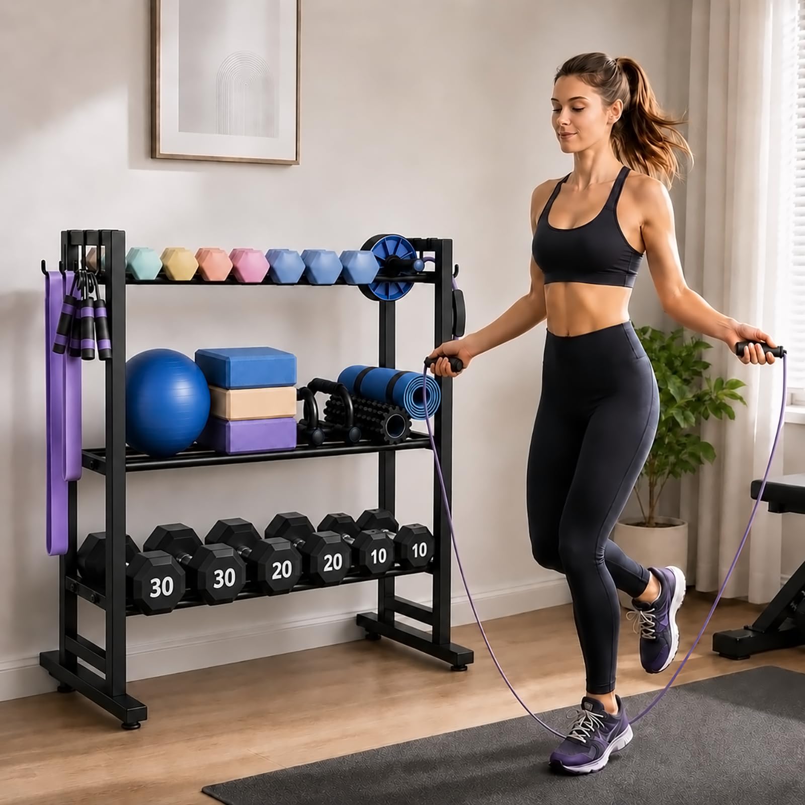 3-Stöckiger Hantelständer, 204kg / Verlängerter Sockel Hantelablage | Breite Verstellbarer, 6 * Seitlichen Haken, 82 × 42 × 80 cm, Kurzhantel Ständer Fitnessgeräte Aufbewahrung für Home Gym