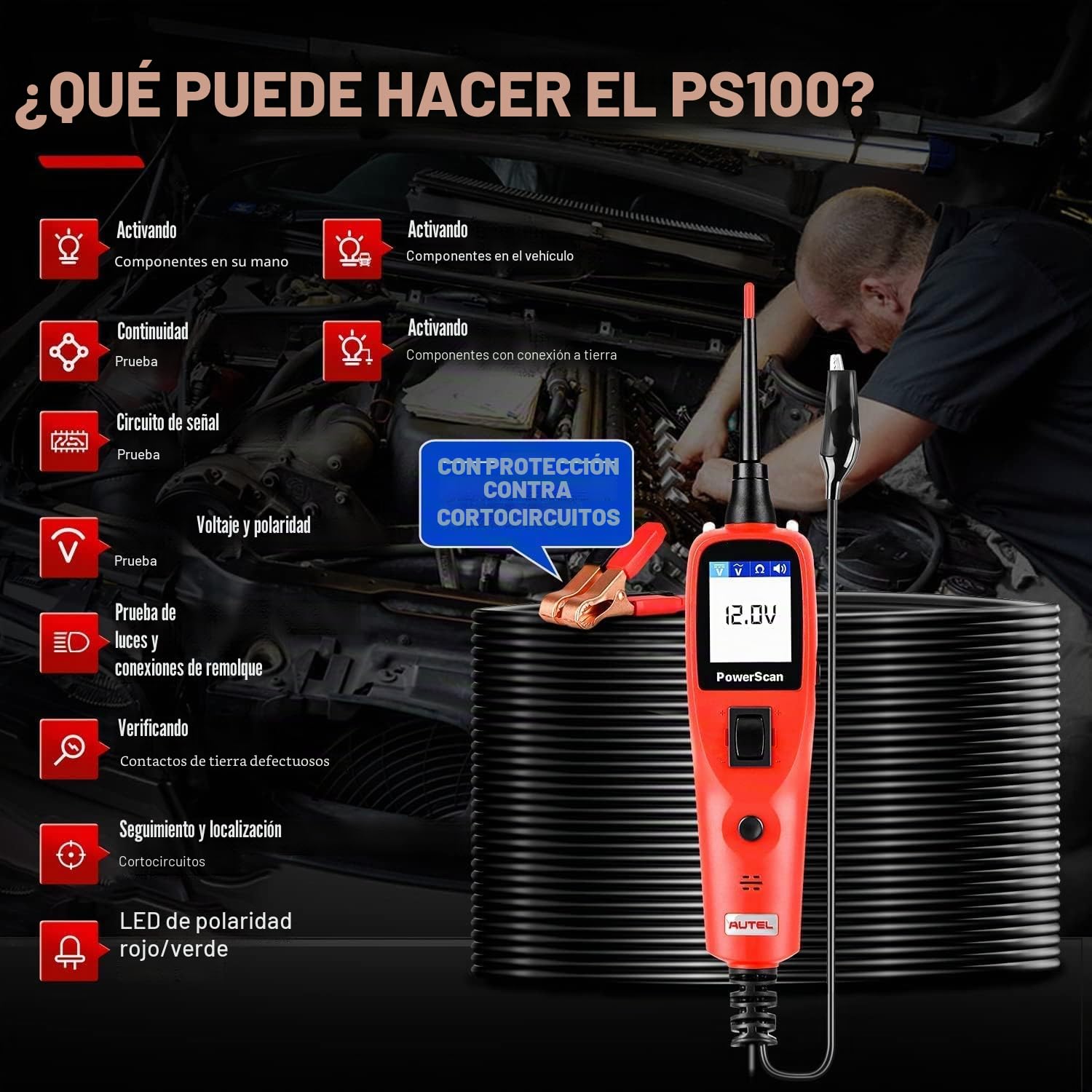 Autel PowerScan PS100 Kit Sonda Circuito, Herramienta Diagnóstico Sistema Eléctrico 12V 24V,Lectura Resistencia Corriente CA/CC, Activación Componente,Prueba Corto/Tierra/Continuidad/Remolque,6M Cable