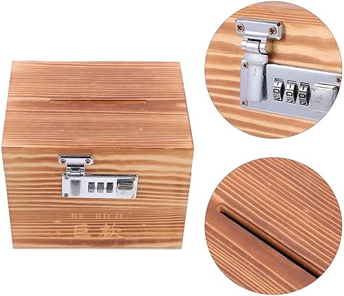 Miniatura 8 de VOSAREA Alcancía de madera, caja de ahorro de dinero con cerradura codificada, caja de sugerencias con bloqueo para buzón de correo, urna de ahorro,