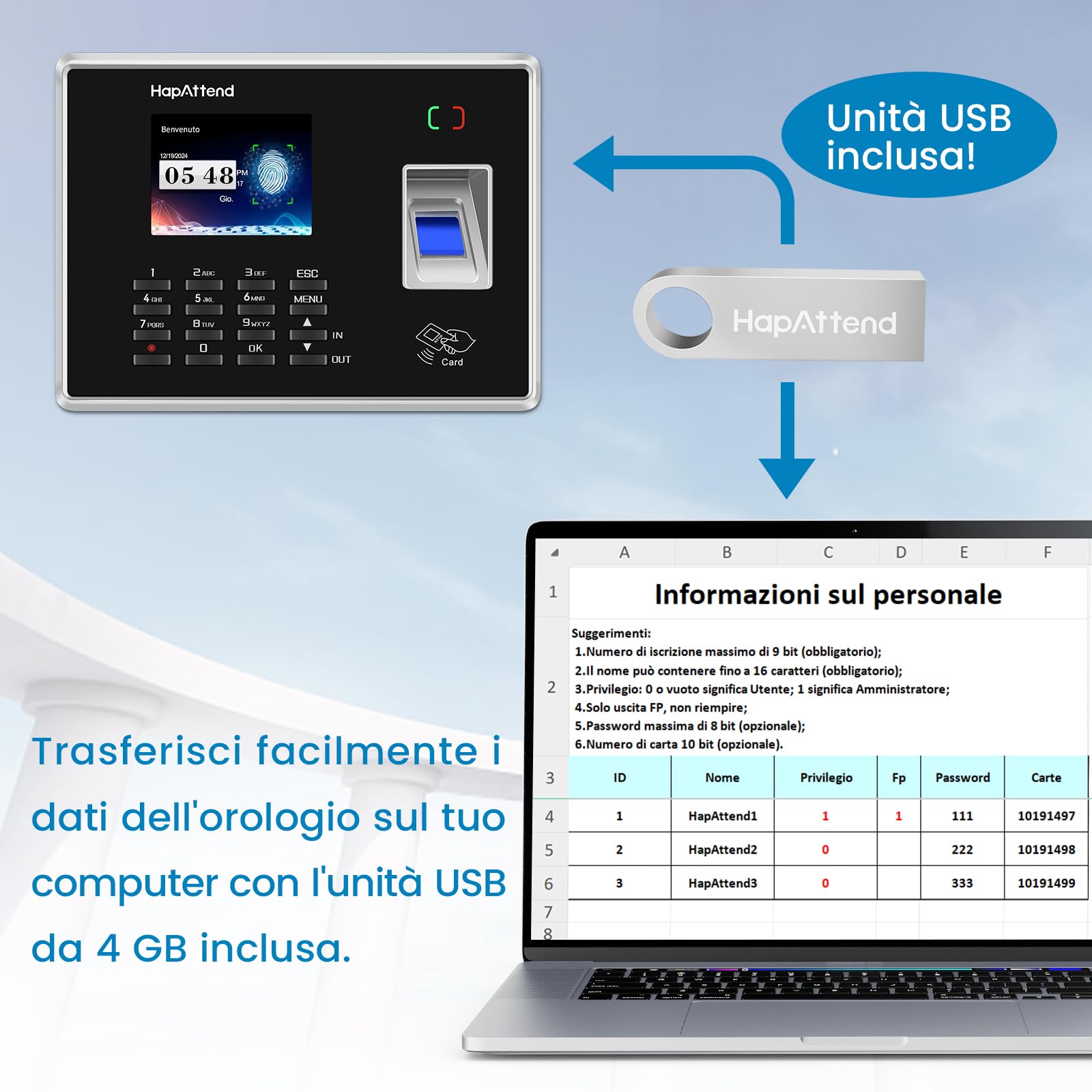 Rilevatore presenze, HapAttend Italiano timbracartellini dipendenti con impronte digitali e 5 badge RFID, H2 timbratrice presenze dipendenti Checking-in registratore orologio tempo per piccole imprese
