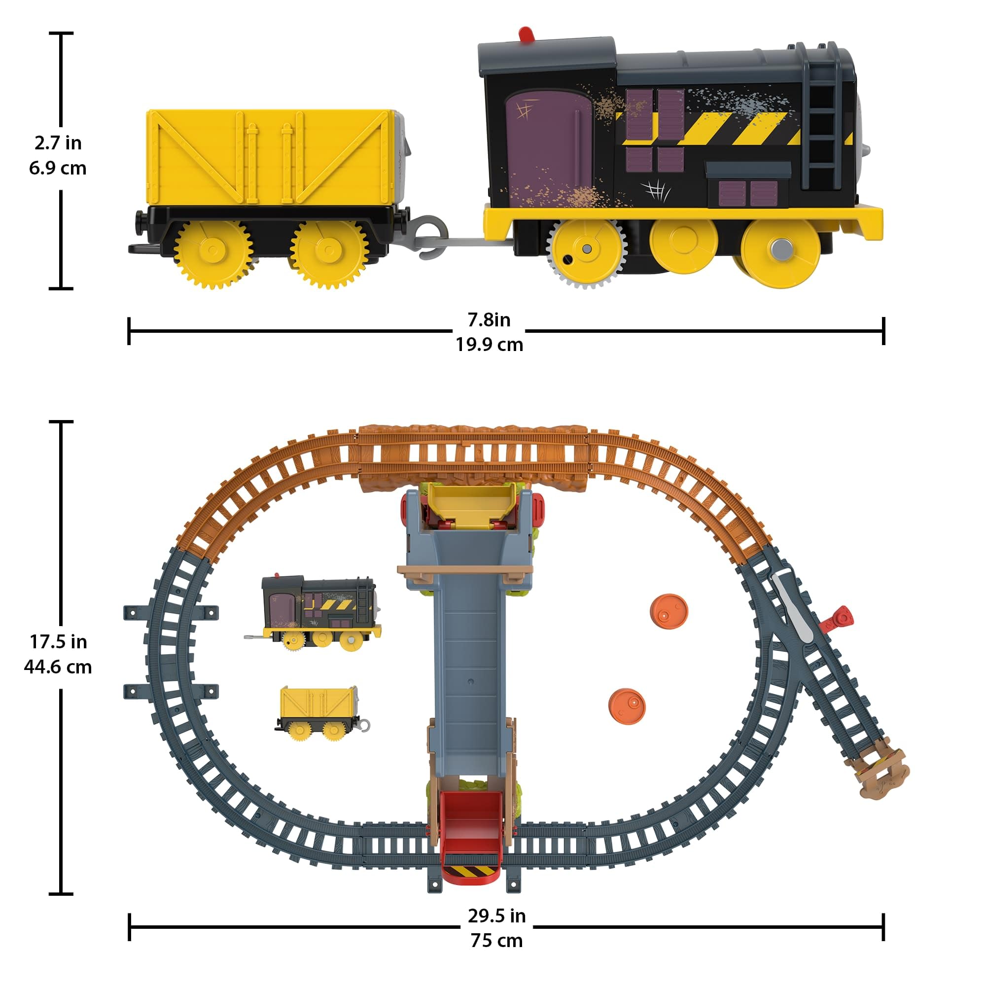 Thomas & Friends Diesel – Załadunek na budowie Zestaw kolejowy z torem + zabawka pociąg z napędem, wagonem i beczkami do zabawy dla dzieci od 3 roku życia, JBW20