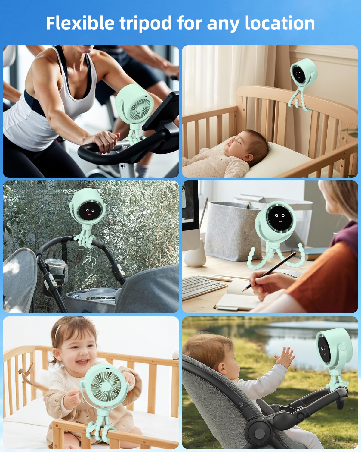 Akejrym Ventilatore per passeggino portatile, ventilatore personale da viaggio, Air Turbo Tech e display digitale, rimovibile a 5 velocità, ricaricabile, rotazione a 360°, treppiede flessibile, per