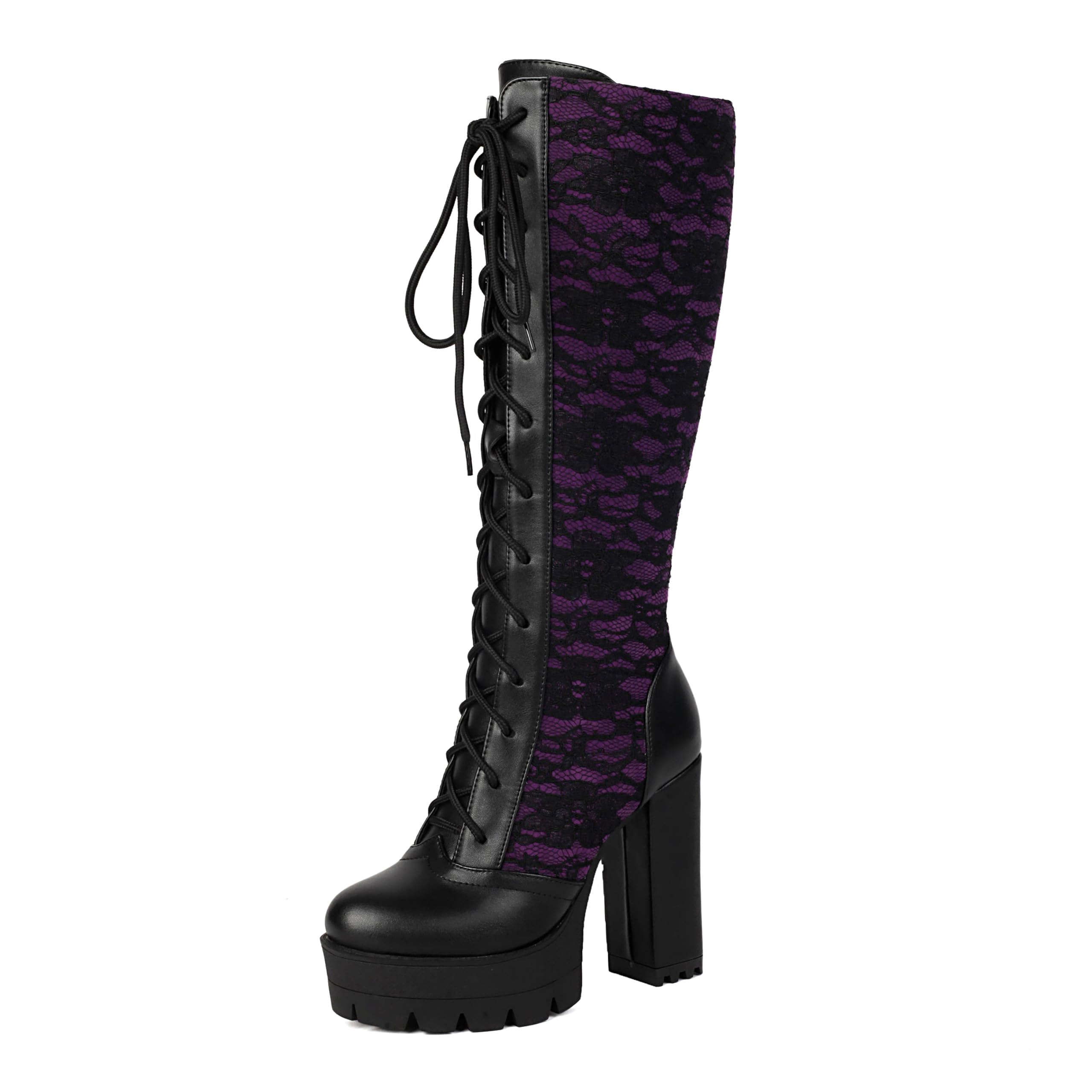 BEAUPAS Women's Lace Knee High Platform Boots Chunky Block Heel Gothic Lace-Up Combat Boots