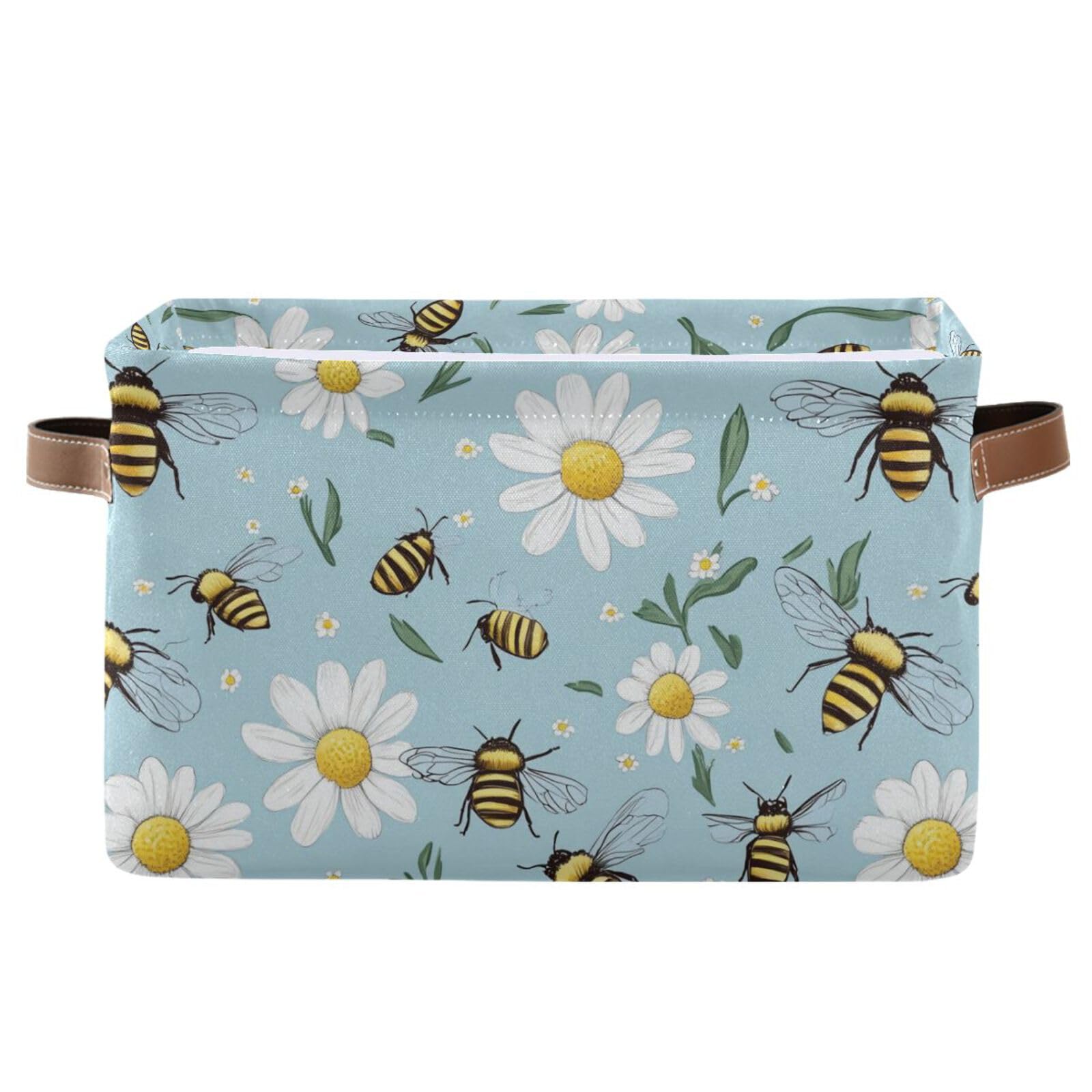 Wusikd Bees Daisies Storage Basket Set of 2 Large Fabric Blue Storage Baskets Bins Box Cube with Handles Collapsible Closet Shelf Clothes Organizer Basket for Nursery Bedroom