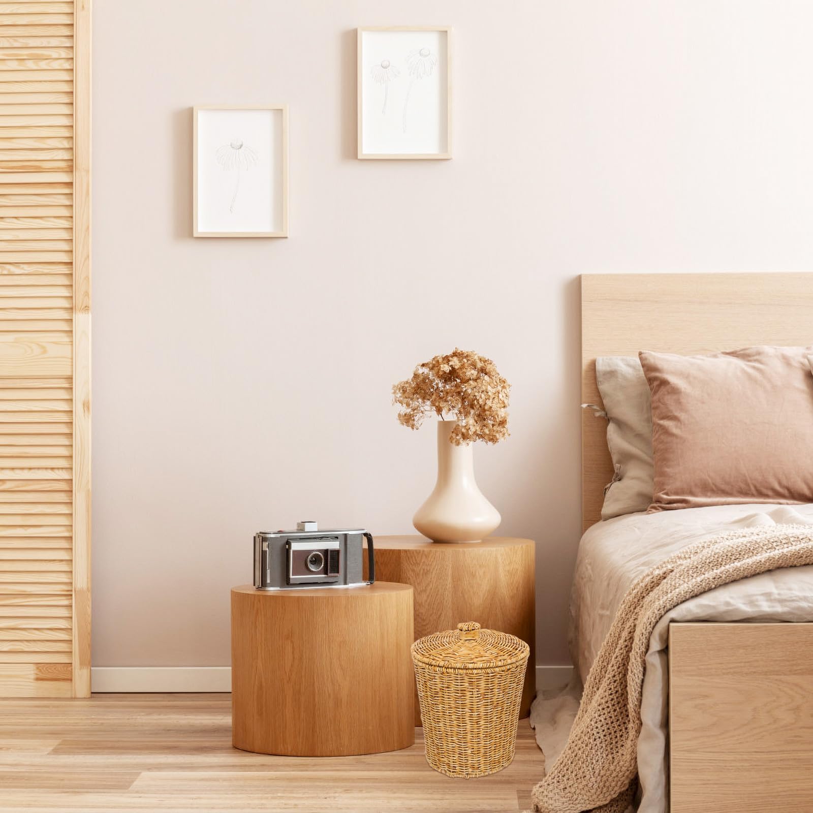 Operitacx Cesta de Almacenamiento Redonda Decorativa de Plástico con Tapa, Imitación Ratán, Alta Capacidad para Sala de Estar y Hogar