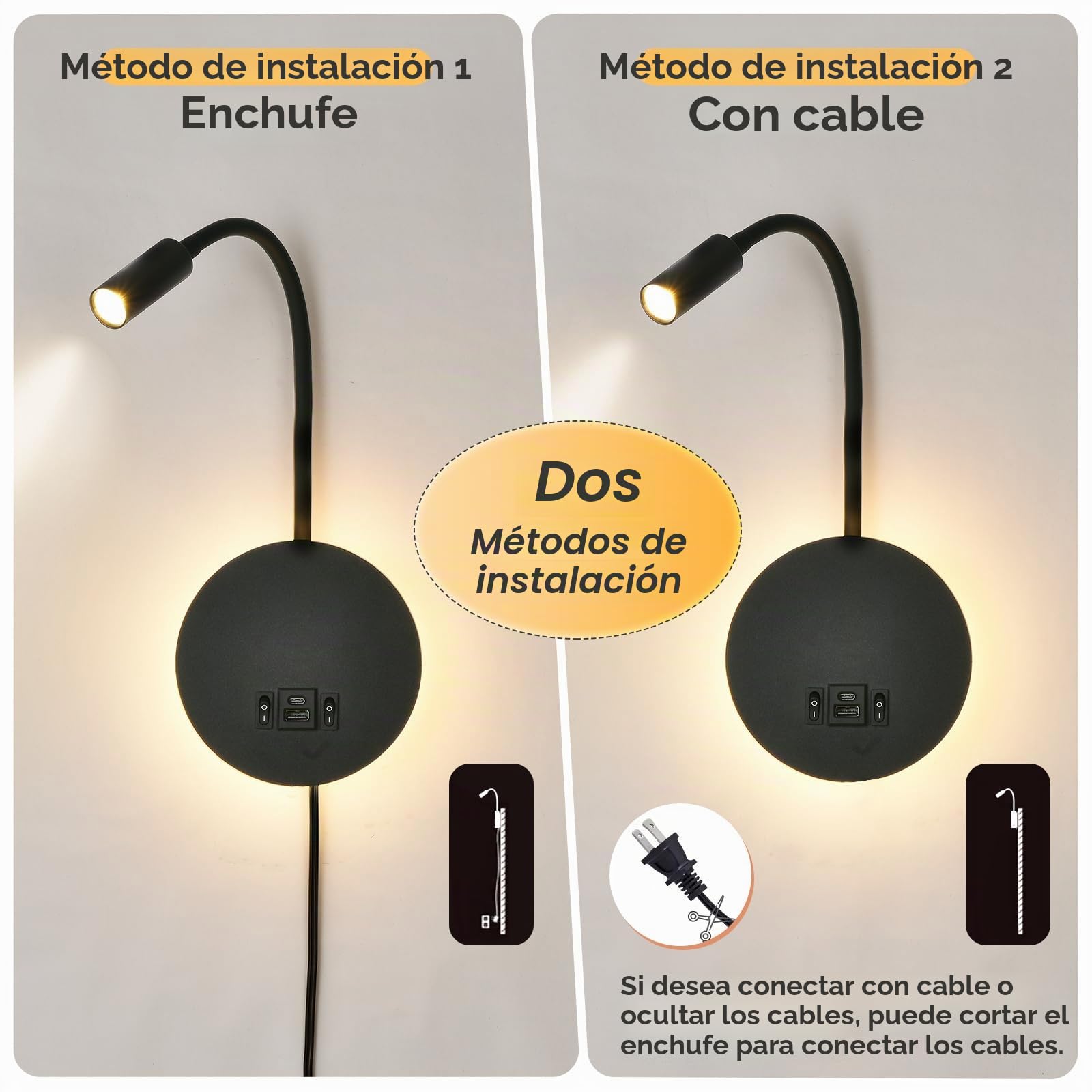 Lámpara De Lectura De Pared Con Puerto De Carga USB Y USB-C, Iluminación Ambiental, Lámpara De Cama LED, Lámpara De Pared Flexible, Lámpara De Pared Con Enchufe (Negro)