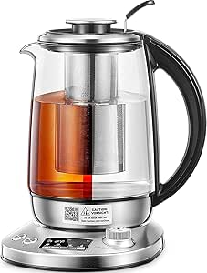 FOHERE Electric Kettle, 1.7L Glass Tea Kettle with Removable Infuser &amp; 9 Original Presets, 140℉ to 212℉ Precise Temperature Control, Fast Boiling Water Boiler with LED Indicator