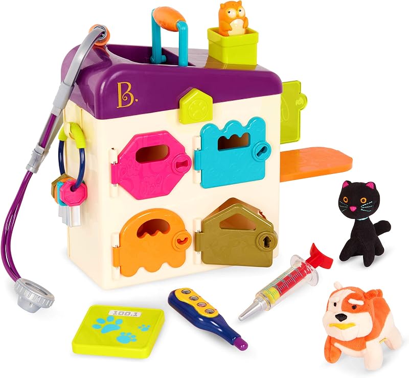 Pet Vet Playset with Keys, Plush Pets and Tools, Pretend Play | 8-piece pet vet play set with 4-room clinic, color-coded keys, slide-out exam table, 2 plush pets, 4 tools, 2+ Years
