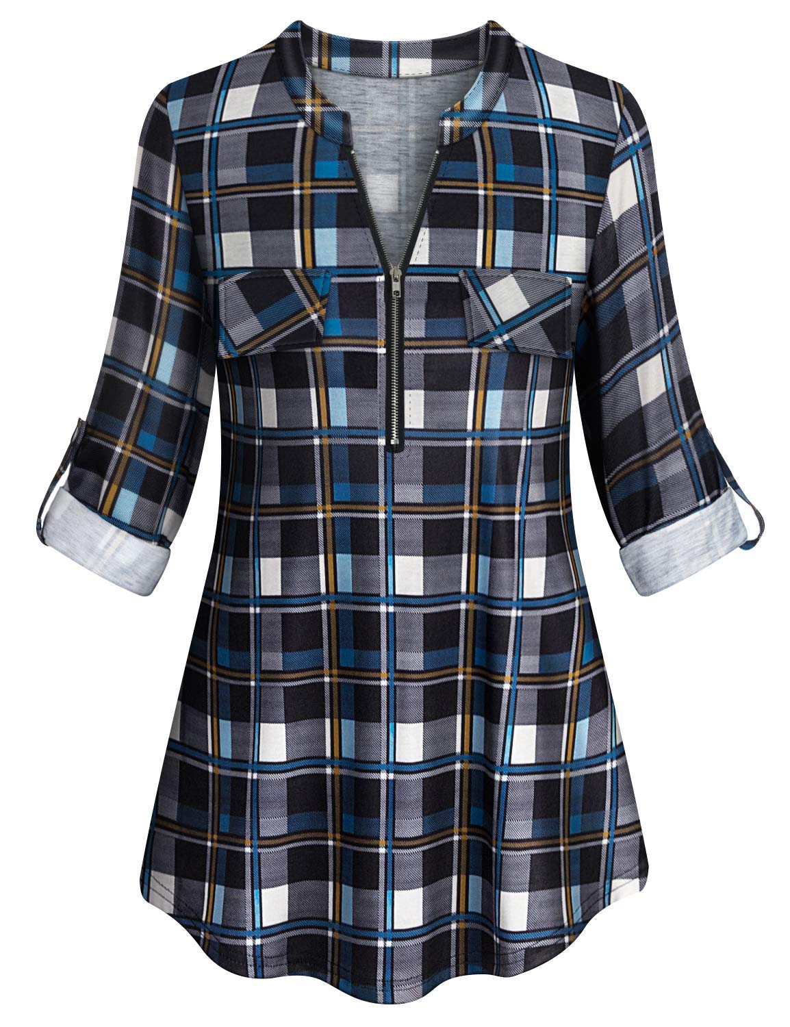 Tanst Sky Womens Casual Long Sleeve Zipped V Neck Plaid Tunic Blouses