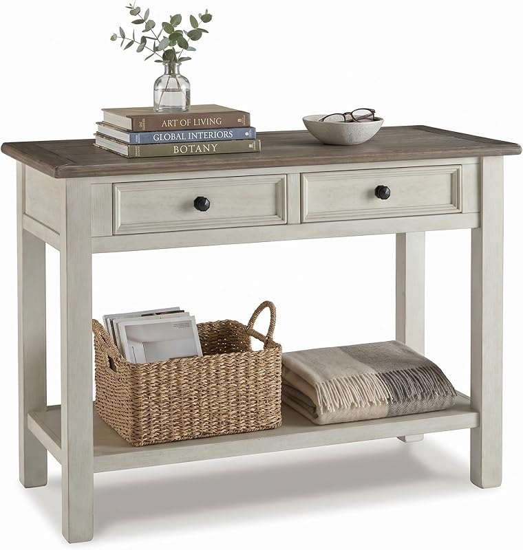 Bolanburg Farmhouse Sofa Console Table, White | Two-tone wood console, 22-inch deep storage, 2 smooth drawers, Made of veneers, wood and engineered wood