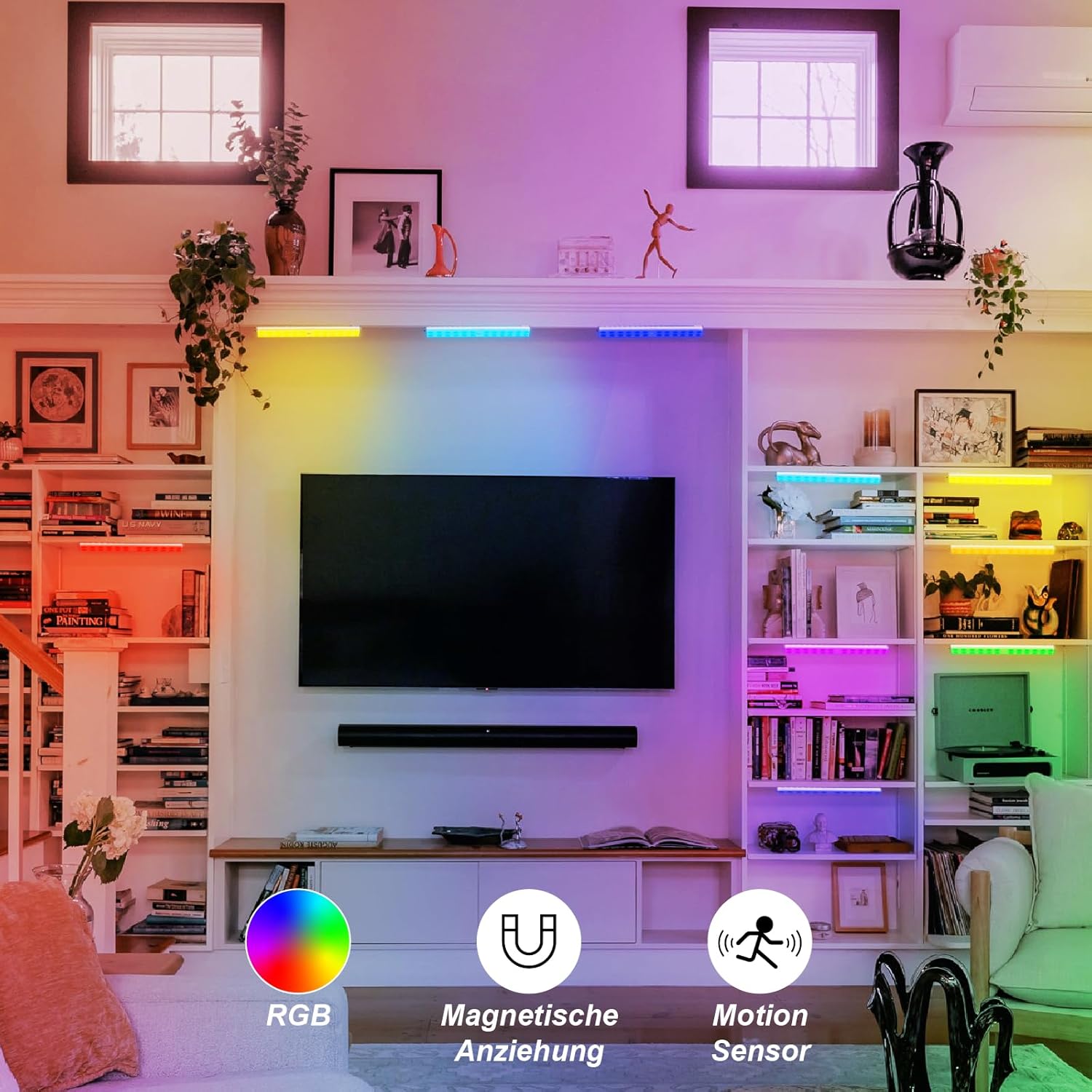 LEPOTEC 24LED RGBW Under Cabinet Light - Motion Sensor Closet Light, Rechargeable Changing Color LED Light,Christmas Lights for Kicthen,Bedroom,Remodelling Room,Hotel,Bar (Multi-24LED-2pack)