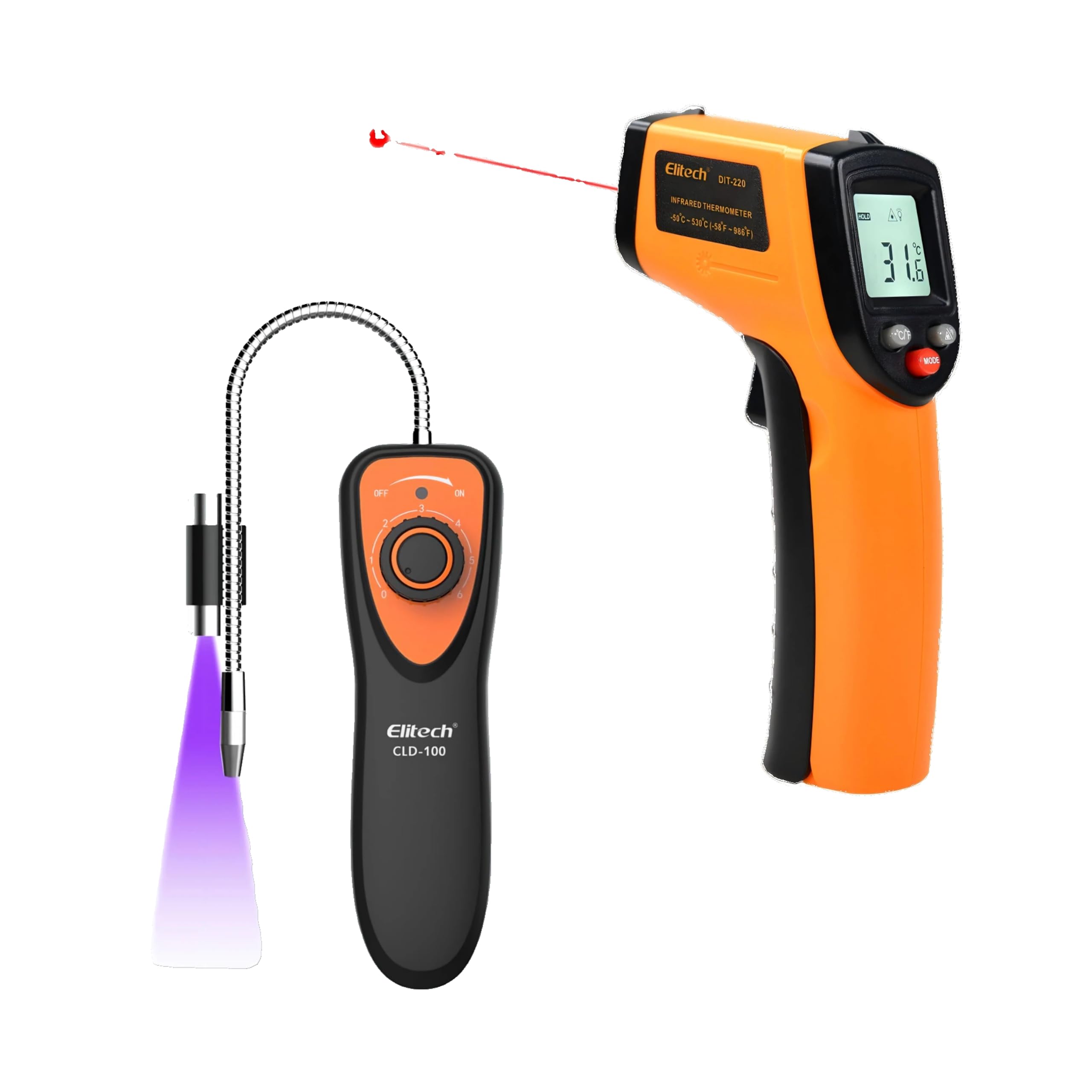 Elitech Détecteur de Fuite de Gaz Réfrigérant HVAC avec Lamp UV CLD-100UV & Pistolet de Température Infrarouge Numérique sans Contact Mesure Rapide DIT-220