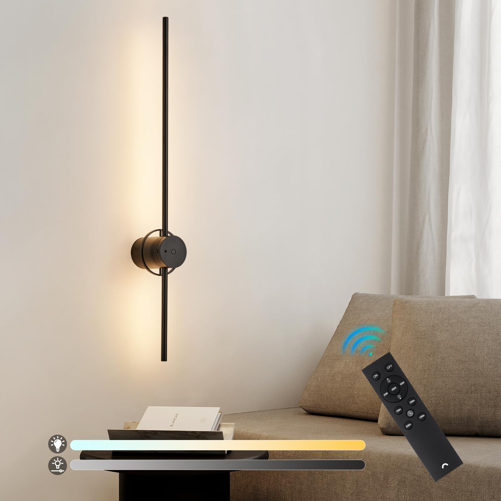 HARPER LIVING Applique da parete ricaricabile USB nera, lampada a batteria da 4000 mAh con telecomando e controllo touch, applique da parete LED dimmerabile con rotazione a 360°, 80 cm, senza fili