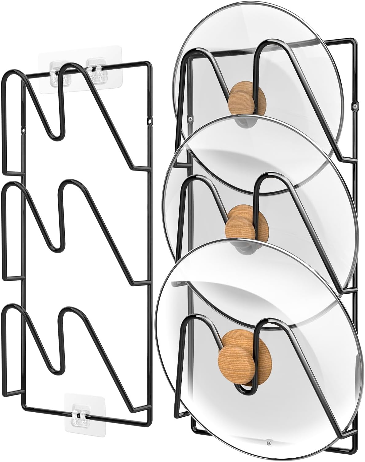 2-Pack Pot Lid Organizer, 6-Tier Pots & Pans Lid Holder Organizer for Cabinet or Wall/Door Kitchen Storage, No-Drill Adhesive Mount, Space-Saving Solution (Black)