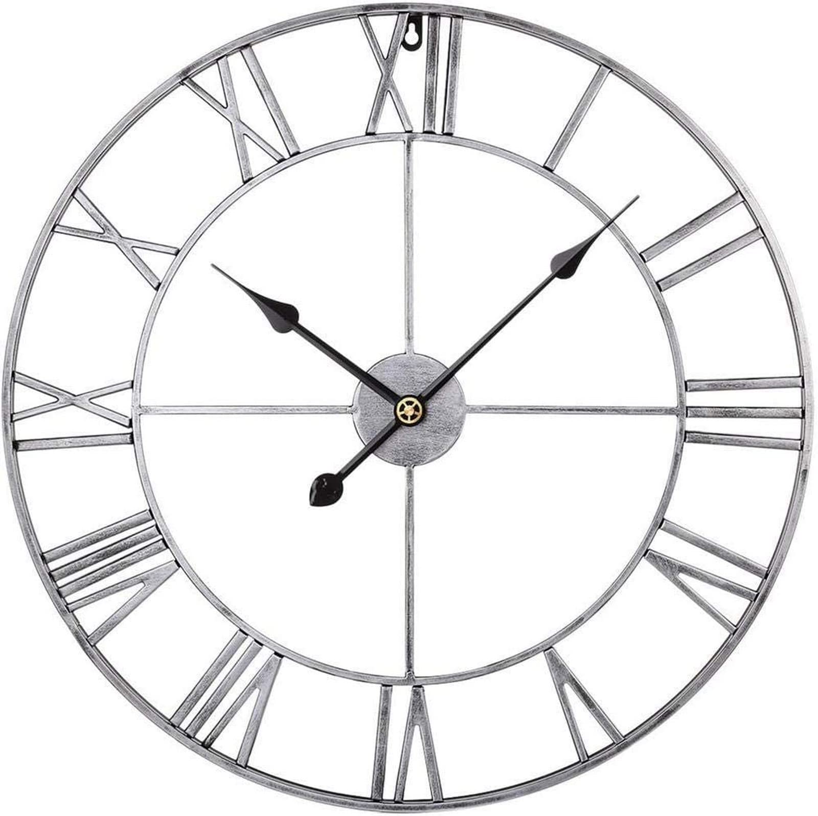 Wall Clock Modern Art Wall Clock Silent Metal Wall Clock,European Industrial Vintage with Large Roman Numerals,Retro for Home decoration-Golden-60cm Wall Decor Clock, Vintage Silver 40cm