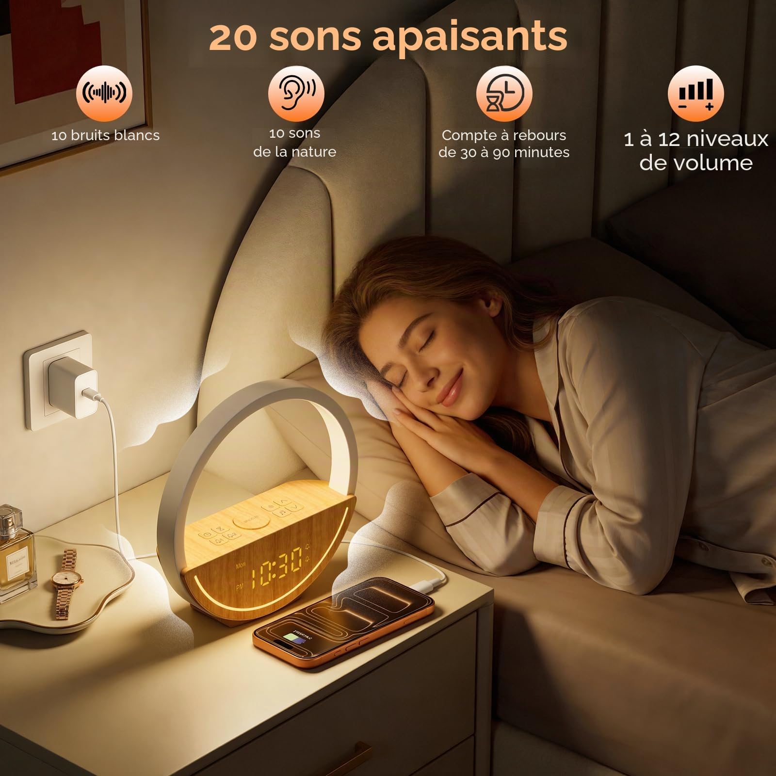 RETEYUNG Lampe de Chevet et Réveil Simulateur d'Aube, Veilleuse Tactile avec Charge USB, 20 Sons Relaxants & Bruits Blancs, Double Alarme pour Semaine/Week-End, Réveil Lumineux pour Gros Dormeurs