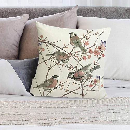 Miniatura 4 de Fundas de almohada decorativas de lino de 18 x 18 pulgadas, diseño de flores, acuarela, pájaro, funda de cojín decorativa para patio, jardín, sofá,