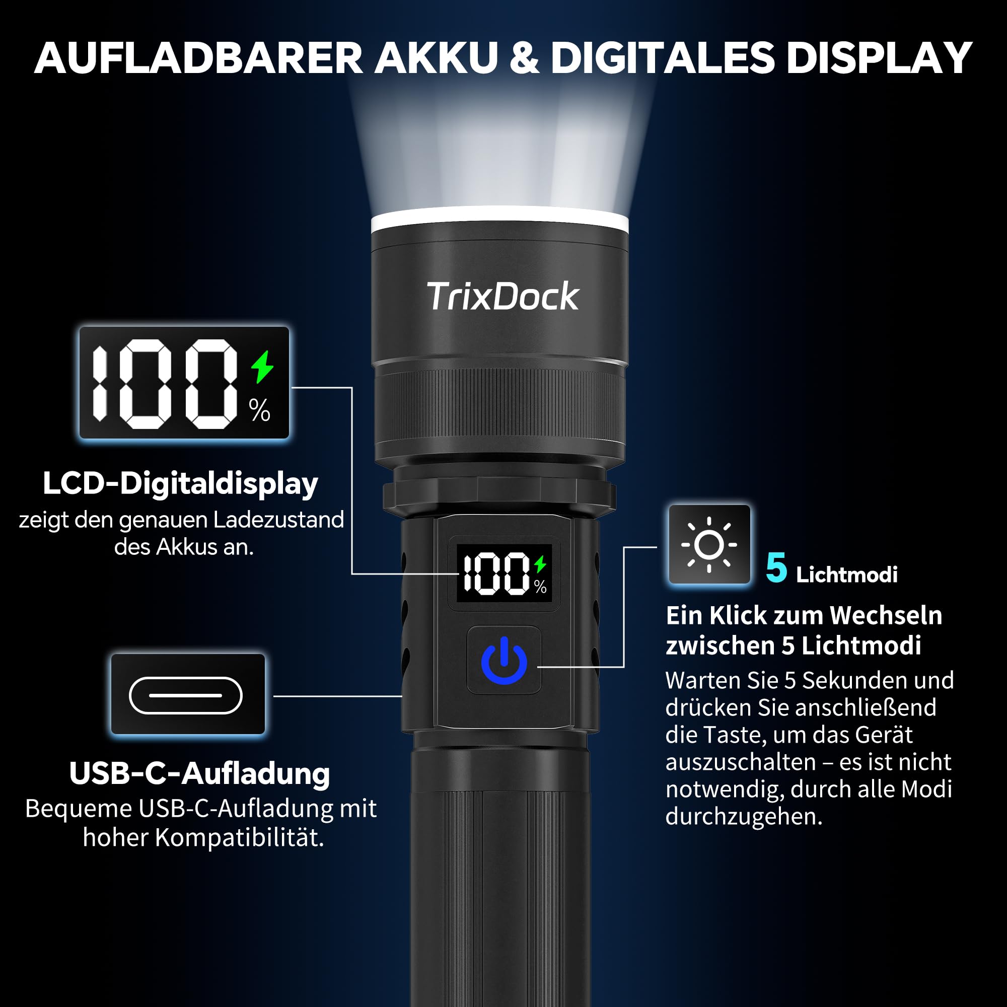LED Taschenlampe Aufladbare Hohe Lumen Extrem Hell Taschenlampen 5 Modi