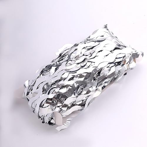 Miniatura 7 de Efavormart - Telón de fondo ondulado de oropel plateado metálico para fiesta, cortina de cabina de fotos con flecos de papel de aluminio rizado, 3 x