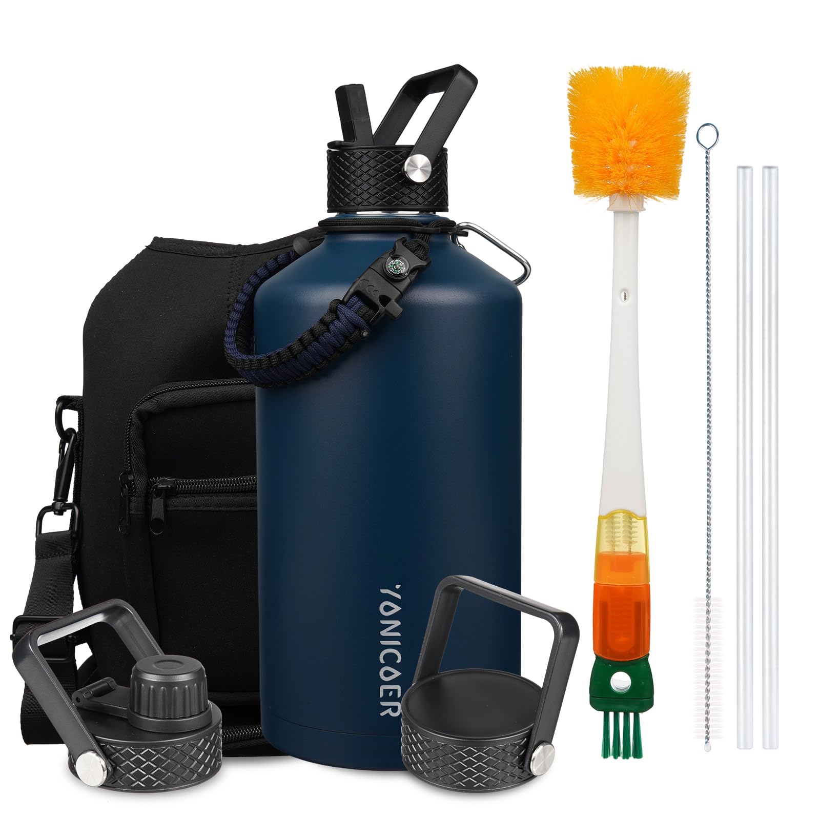 Photo 1 of YONICOER Insulated Water Bottle 128oz,Triple Wall Vacuum Stainless Steel(Dishwasher Safe),Leak Proof & Non-BPA,Flask Jug with Paracord Handle & Straw Spout Lids Sports Navy Blue