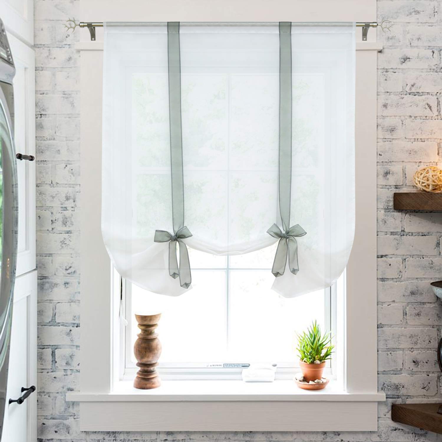 Joyswahl Balloon Shades Bowknot Tie Up Sheer Window Curtain Rod Pocket Voile Roman Shade, 1pc (Grey, W31 x L55 inch)