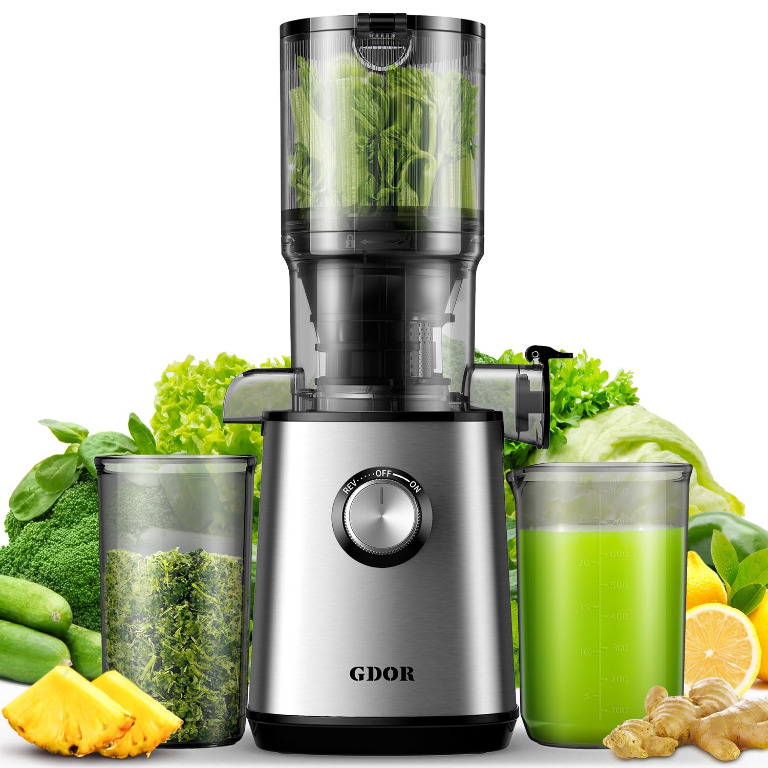 GDORCold Press Juicer with 4.25'' Feed Chute, Masticating Juicer Machines Fits Whole Fruits and Vegetables, Self Feeding Slow Juicer with Low Noise, Easy to Clean, Silver