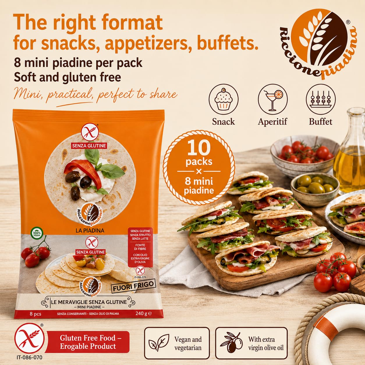 Riccione Piadina Le Meraviglie Senza Glutine Mini Piadine Fuori Frigo - 10 Confezioni da 8 Mini (240 g) - Vegane, con Olio Extravergine, Marchio Spiga Barrata AIC