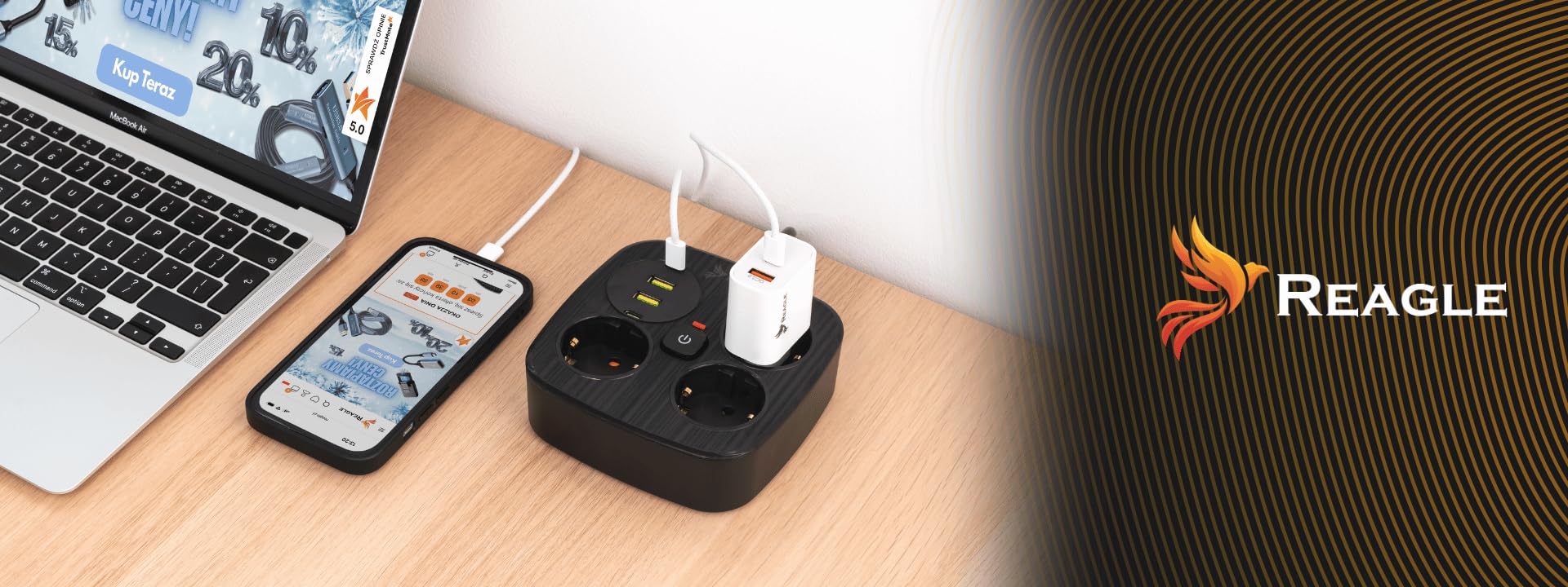 Reagle Listwa Zasilająca z 4 portami USB 2x USB 2x USB-C, Antyprzepięciowa, 3 Gniazda 230V, Przedłużacz Rozdzielacz z przełącznikiem do Oszczędzania Energii do domowego biura Kabel 3M