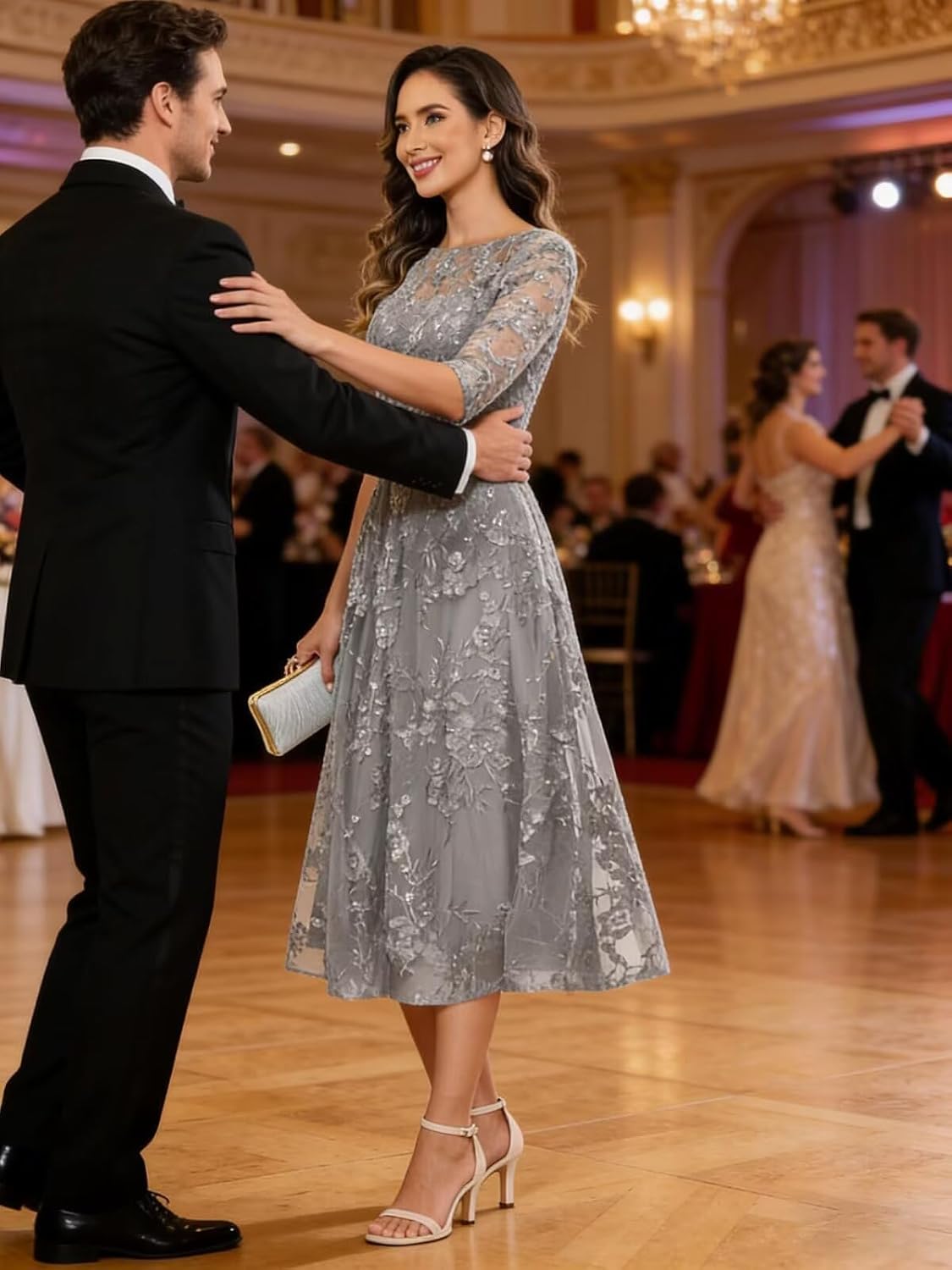 Lace Applique Mother of The Bride Dresses for Women 3/4 Sleeve Sequins Wedding Guest Gowns Tea Length Formal Evening Dress