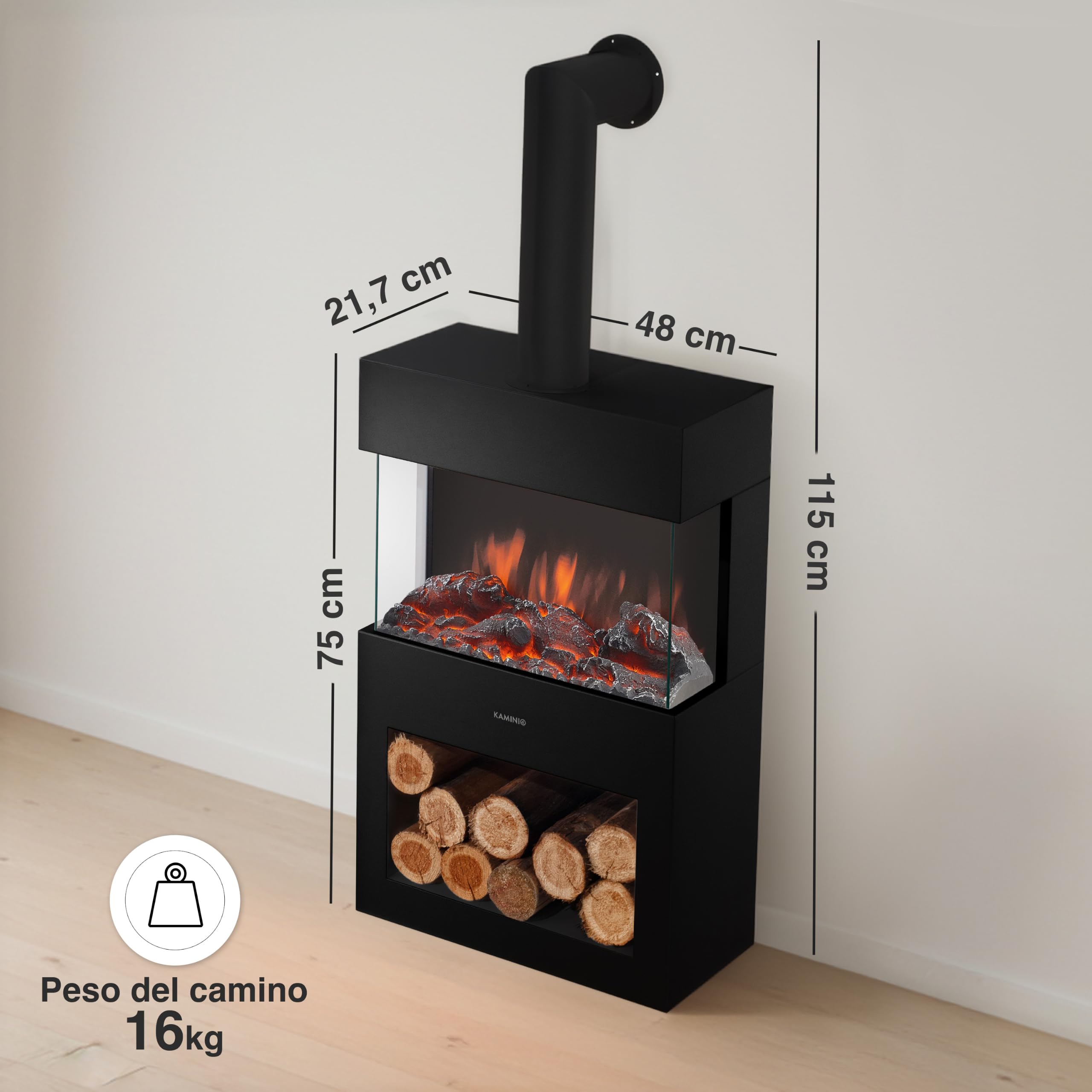 KAMINIO® Henri Camino elettrico da appoggio con tubo per stufa [Nero] | Caminetto elettrico a forma di stufa, termocamino con effetto fuoco LED, vano illuminato, timer, termostato e telecomando