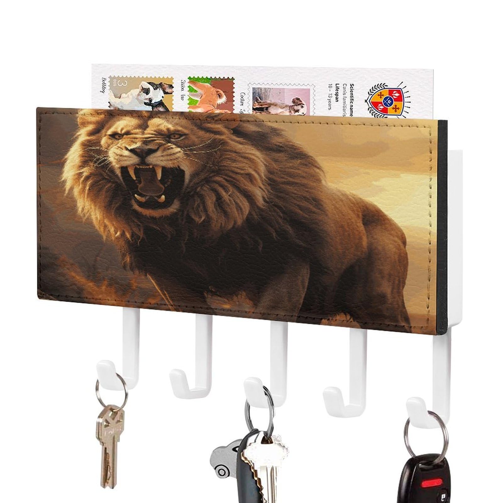 Vstadank White-Style Angry Roaring Lion Key Holder For Wall Mount With 5 Hooks Decorative Key And Mail Holder Farmhouse Wall Hooks With Shelf Pu Leather Key Rack With Mail Holders For Entryway Home