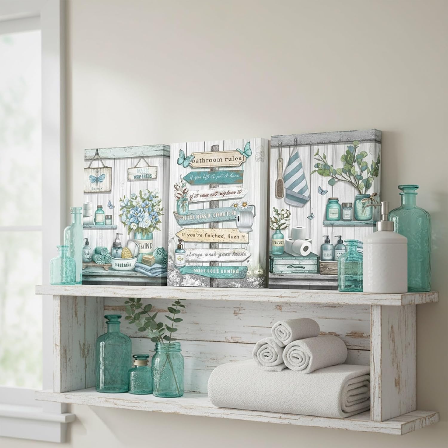 OuElegent Teal Bathroom Wall Art Canvas Farmhouse Wall Decor Rustic Bathroom Rules Paintings Turquoise Pictures for Washroom Wall Decor Framed (12''x16''x3pcs)