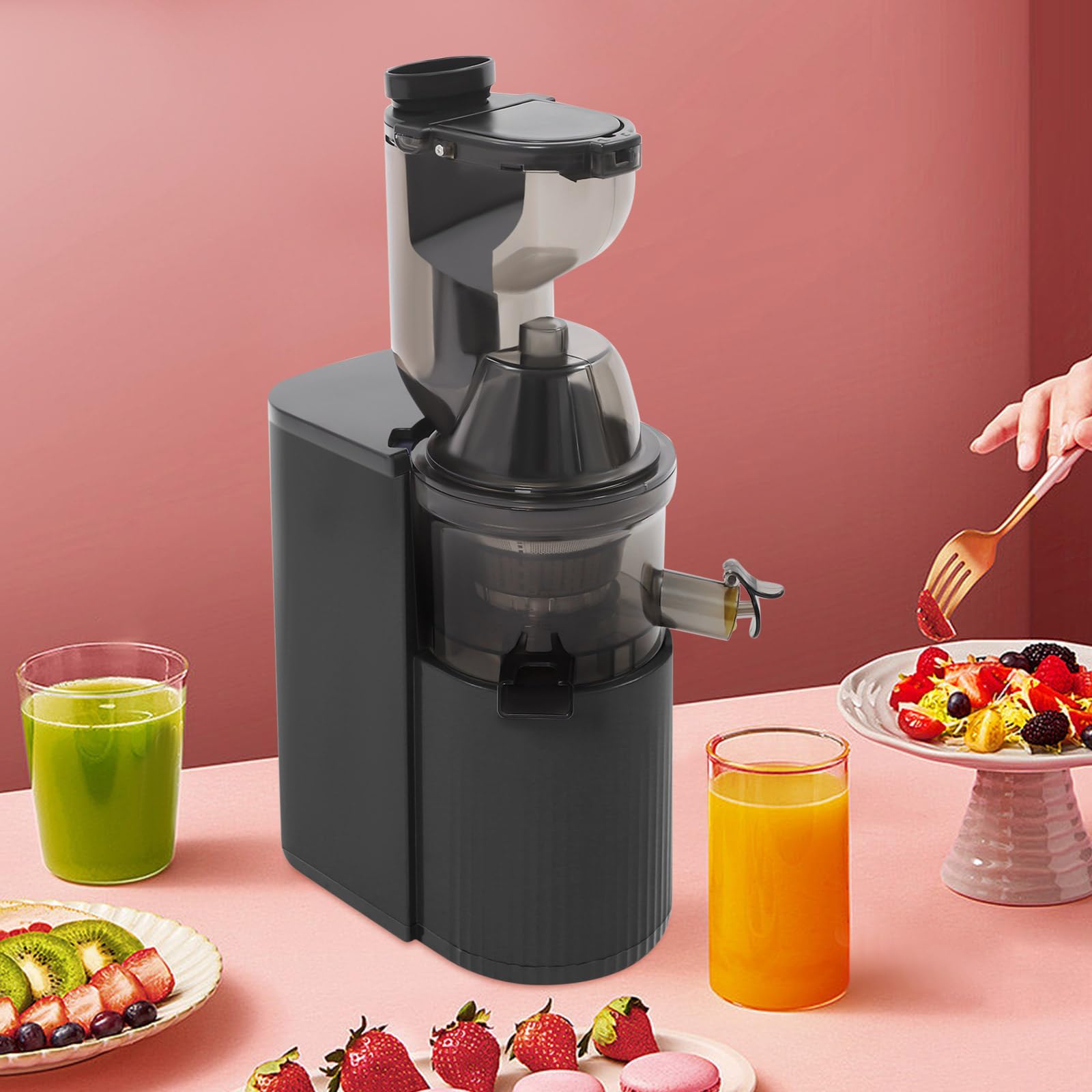 Spremiagrumi – Slow Juicer con vano di riempimento da 80 mm, contenitore da 500 ml, senza BPA, silenzioso con 2 bicchieri, spremiagrumi elettrico a freddo per famiglie, attenti alla salute, facile da