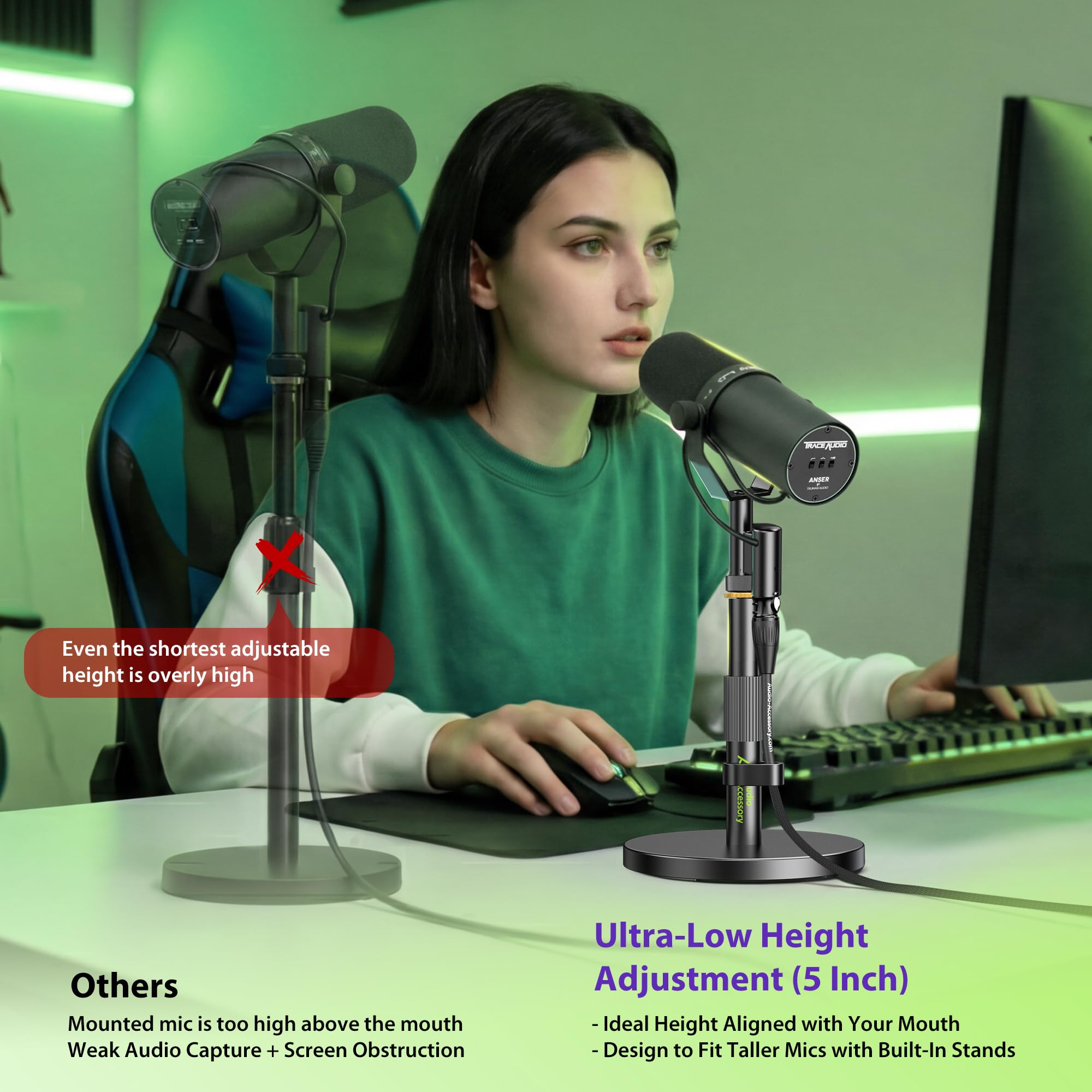 AA AUDIO ACCESSORY Support pour microphone de bureau court, Ultra bas 12,7 cm réglable, capacité de charge 3 kg, support de table pour microphone de bureau tout métal pour Shure SM7B SM7dB MV7+ MV7X