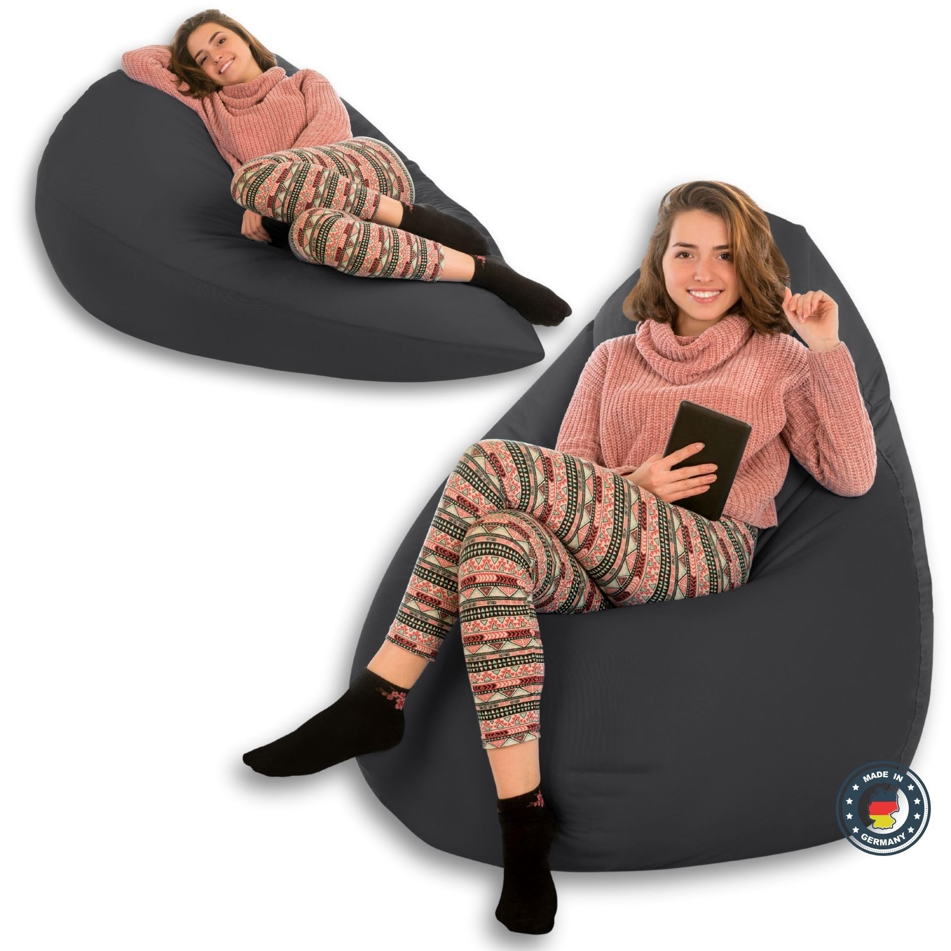 Droplet-Lounge Sitzsack Tropfenform XL 70cm | Sitzkissen Outdoor Indoor Kinder | Bean Bag Bodenkissen mit Füllung | Oxford 600D Oeko-TEX | wasserabweisend (Schwarz)
