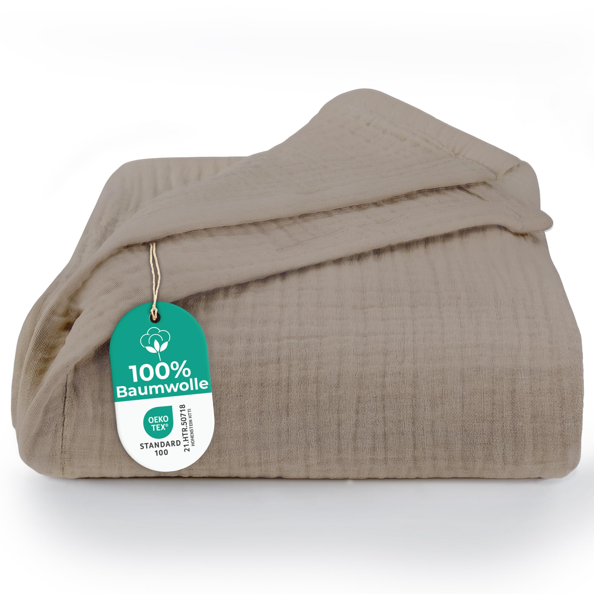 Dreamzie Musselin Tagesdecke 220x240 cm – Baumwolldecke Oeko-Tex Zertifiziert – Atmungsaktive Kuscheldecke – leichte Kuscheldecke Baumwolle als Sofa-, Bett- & Couchüberwurf – Taupe