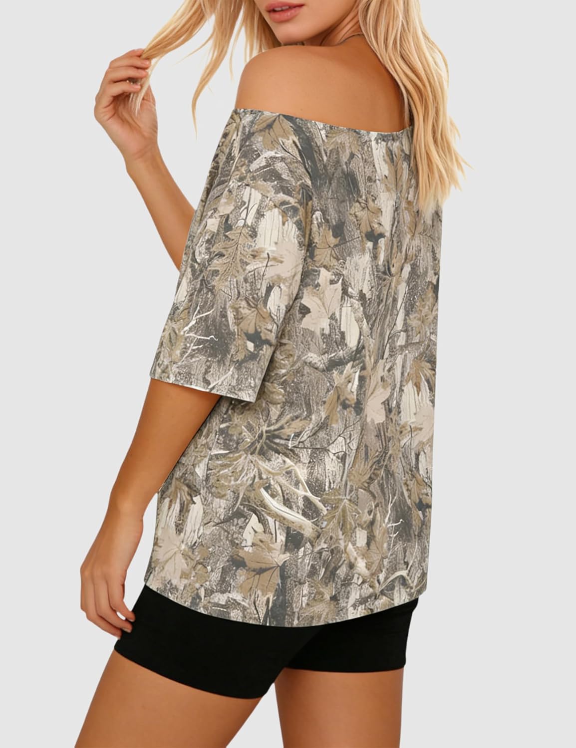 Off The Shoulder Tops for Women Camo Shirt Oversized T Shirt Y2K Maple Leaf Print Tshirt Short Sleeve Summer Outfits - Image 4