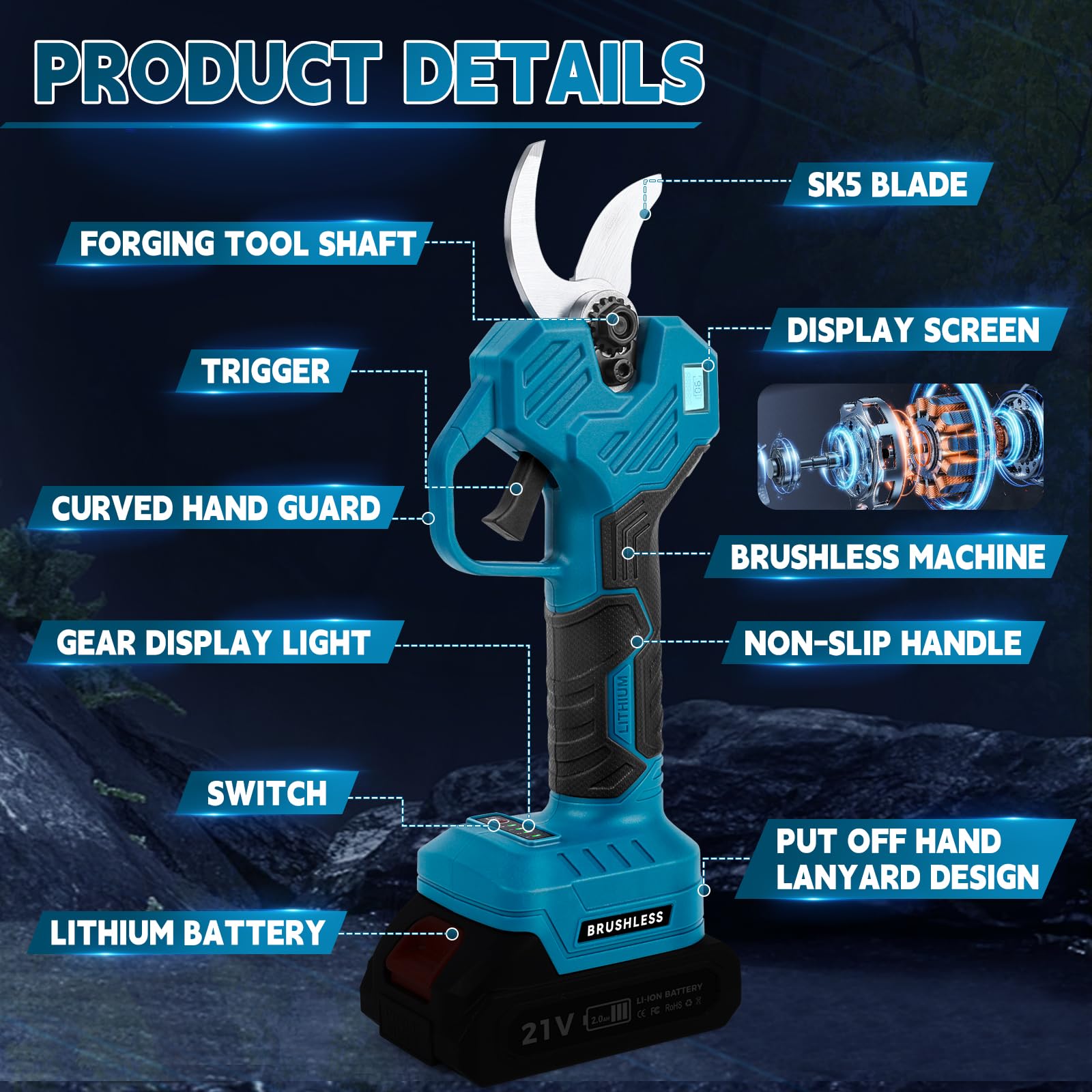 Secatore elettrico senza fili per Makita 18 V 55 mm Secatore Elettrico | Cesoie a batteria, professionale per giardino senza spazzole per giardinaggio, vite (senza batteria)