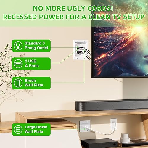 Miniatura 5 de Kit de organización de cables de pared con placa de pared de cepillo, salidas de CA y puertos USB, cable de 9 pies, toma de pared empotrada para