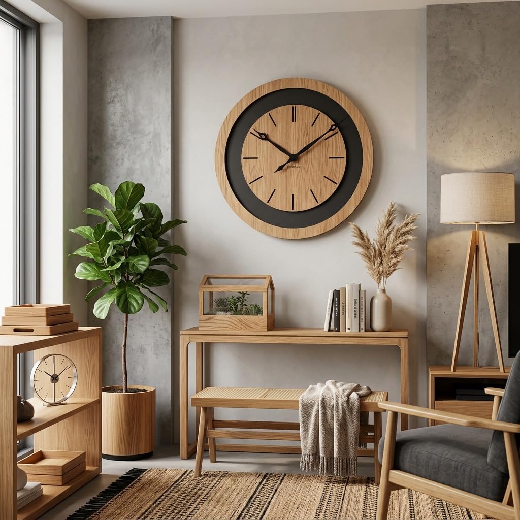 FLEXISTYLE Wanduhr groß XXL 75 cm aus Eiche – Große Designer-Wanduhr aus Naturholz & schwarzem MDF – Lautloses Uhrwerk ohne Ticken – Modernes Wohnaccessoire für Wohnzimmer, Loft & Büro