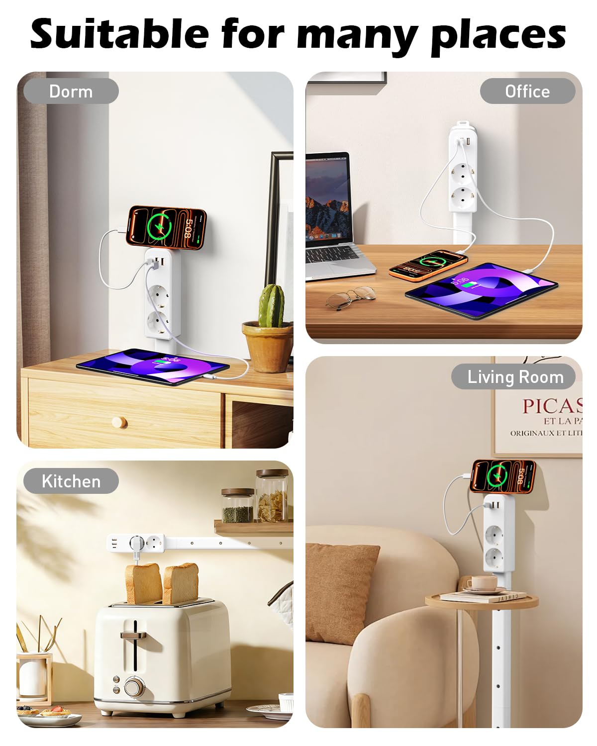 Rallonge Murale à Tige, multiprise 4 Voies USB‑C, 2 USB‑A & 2 Prises AC