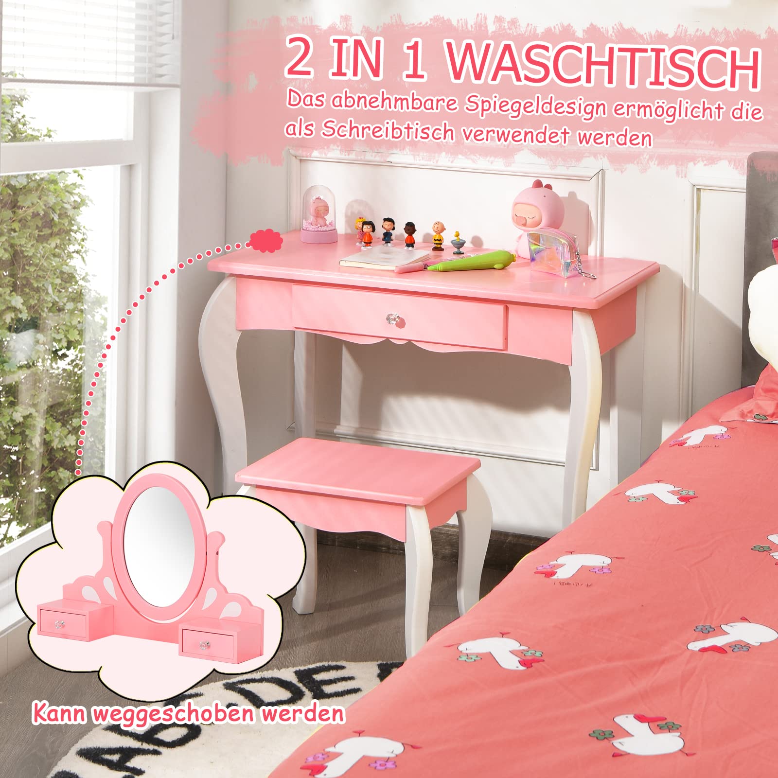 GOPLUS Kinder Schminktisch mit Spiegel, Prinzessin Frisiertisch mit 3 Schubladen und 2 Ablagen, Kosmetiktisch Holz mit Hocker, Schminkkommode Mädchen (Rosa)