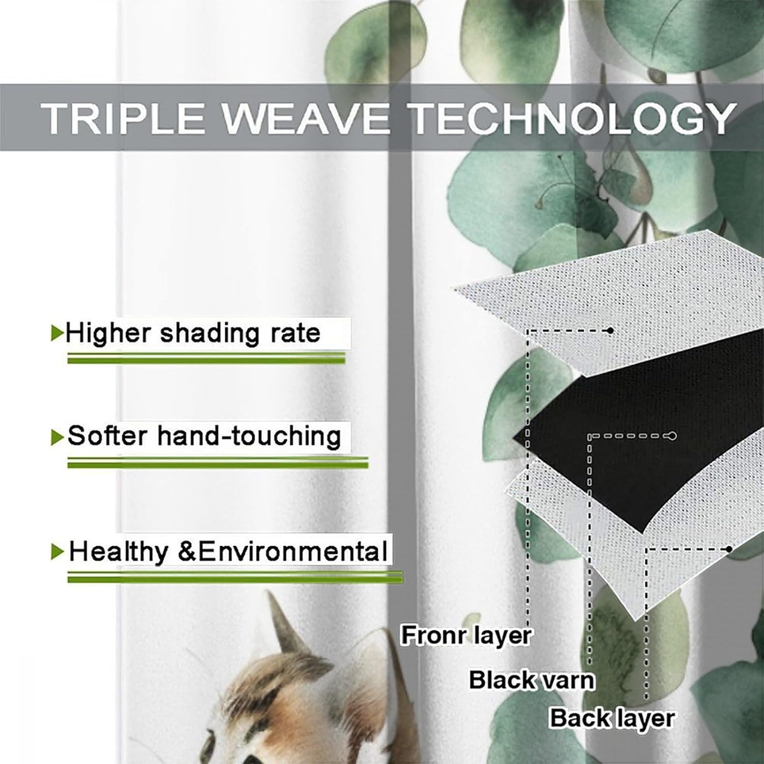 Cute Cat Animal Print Blackout Curtains for Bedroom/Living Room, Eucalyptus Leaves Curtains Rod Pocket Thermal Insulated Window Drapes, 2 Panels/Each 21" W x 45" L